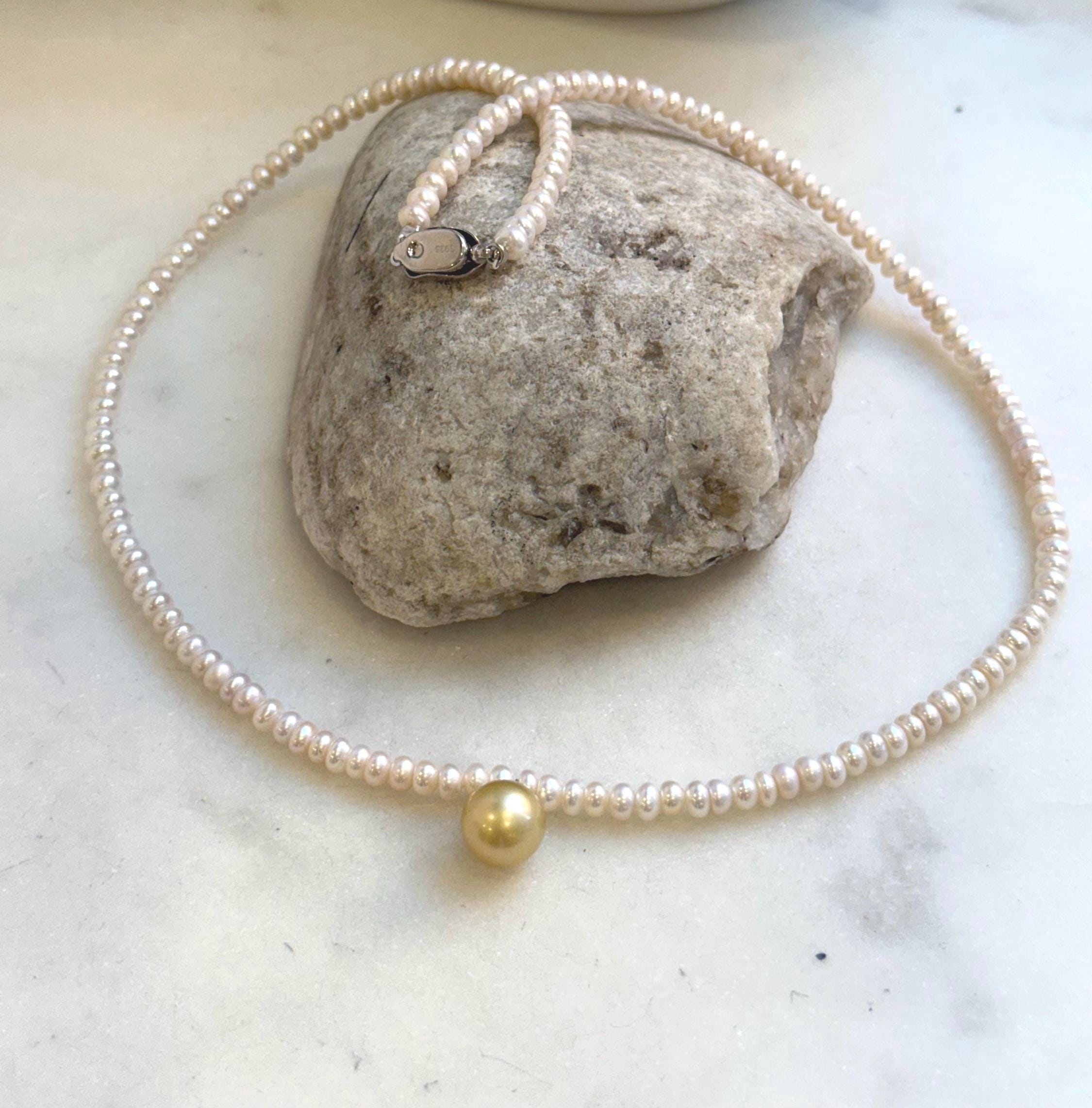 Elly’s 10mm South sea golden ocean Freshwater Keshi pearls necklace:  Extreme luster, s925 silver necklace strand. Pearl jewelry idea. gift for her holiday