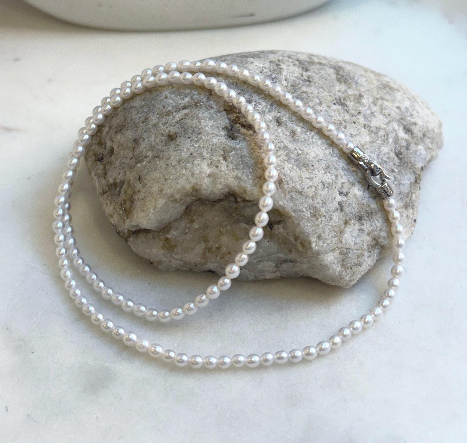 Elly‘s 3.1mm+ Freshwater cold white pearls necklace: Extreme luster mirrored, s925 silver 17.9” necklace. Pearl jewelry idea