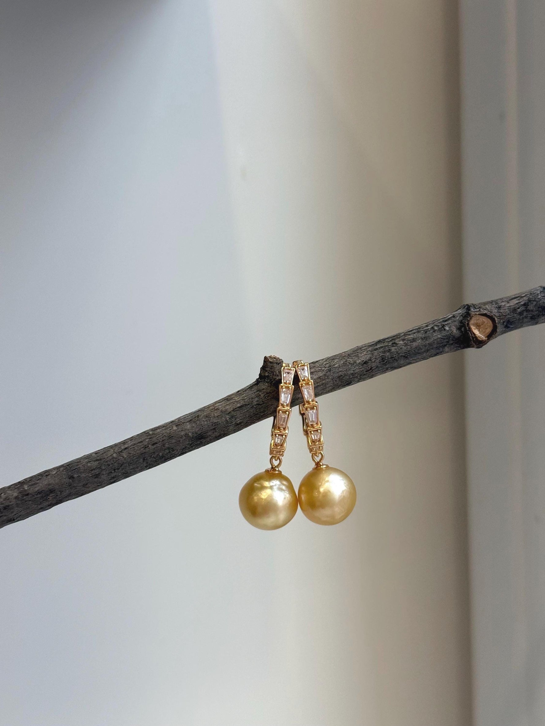 Elly’s 10.5mm South sea ultra golden Pearls Earrings hoops: Strong luster, 2.8cm high, S925 silver cool earrings hoops. gift for her holiday