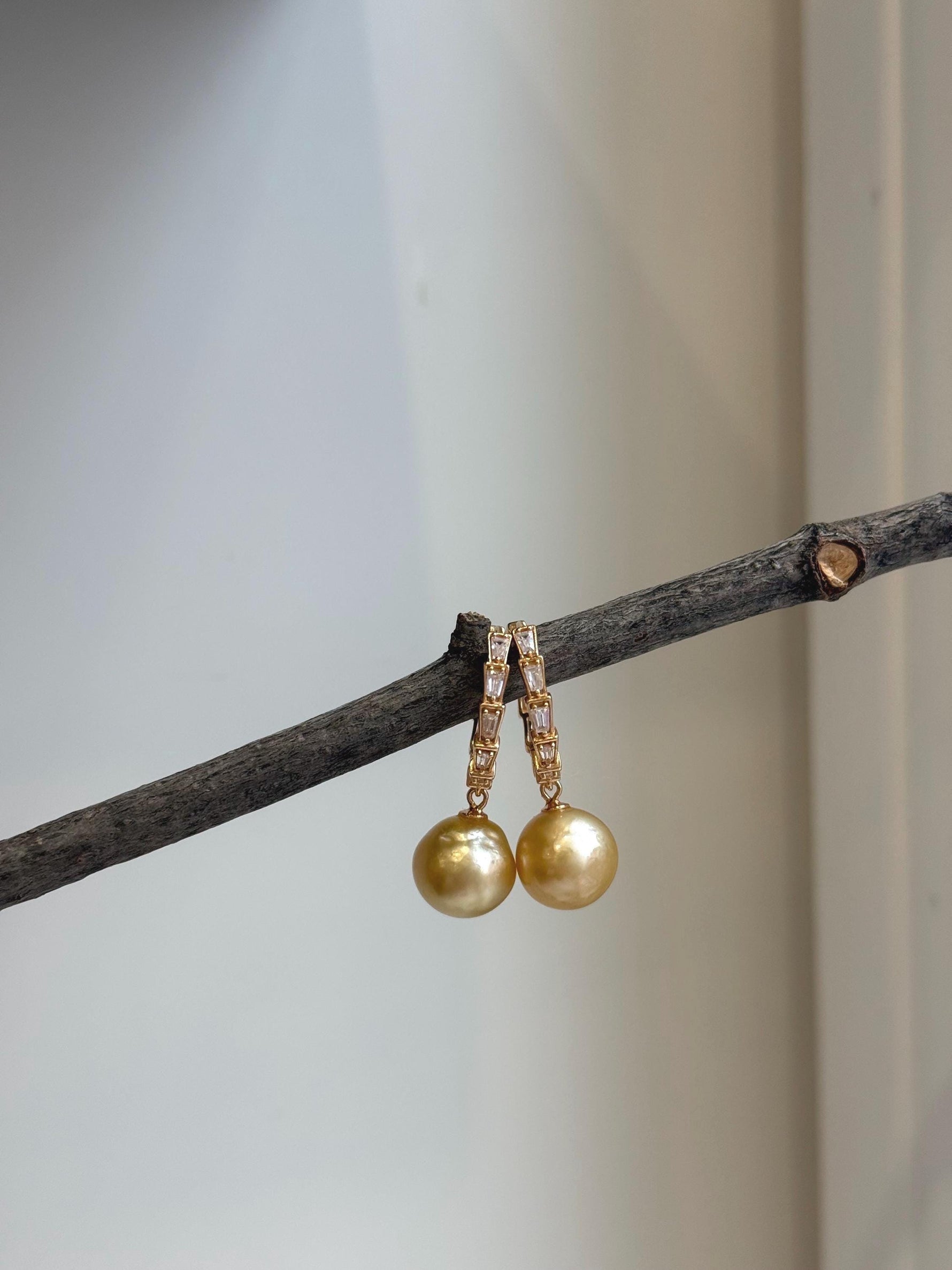Elly’s 10.5mm South sea ultra golden Pearls Earrings hoops: Strong luster, 2.8cm high, S925 silver cool earrings hoops. gift for her Graduation