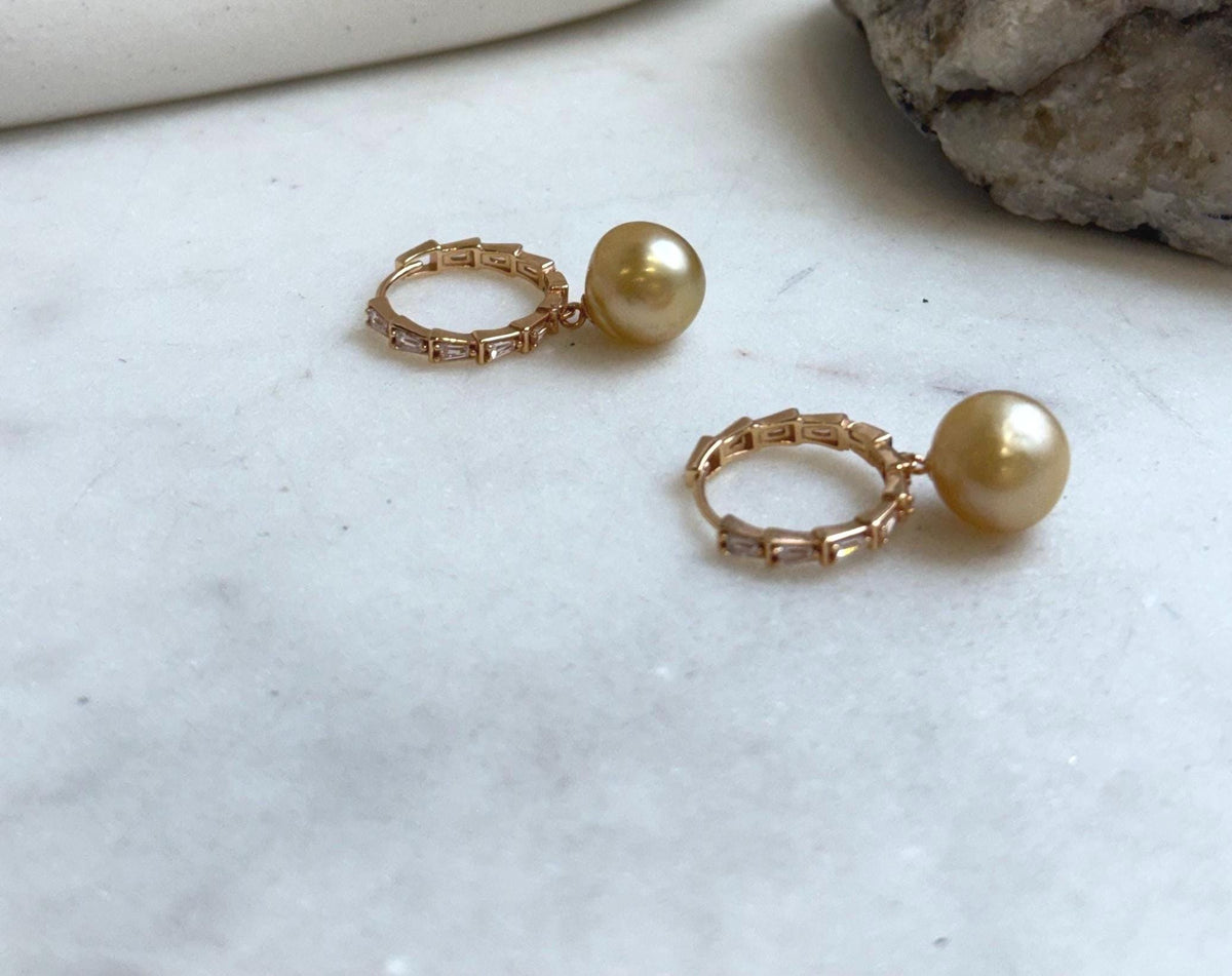 Elly’s 10.5mm South sea ultra golden Pearls Earrings hoops: Strong luster, 2.8cm high, S925 silver cool earrings hoops. gift for her