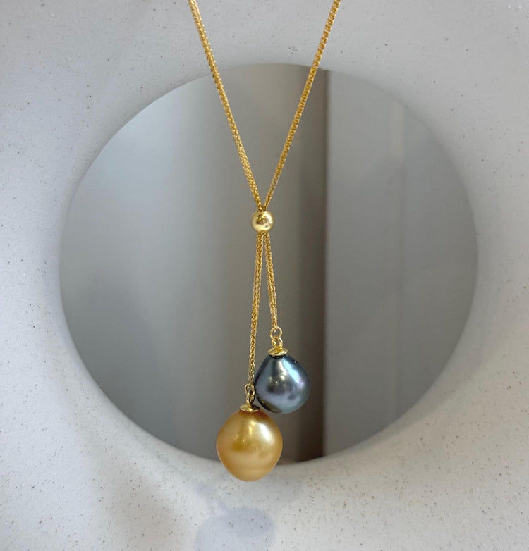 Elly’s 9.6-11.1mm Double South sea deep golden Tahitian platinum ocean pearls Necklace: extreme luster mirrored, S925 silver chain set. gift for her holiday