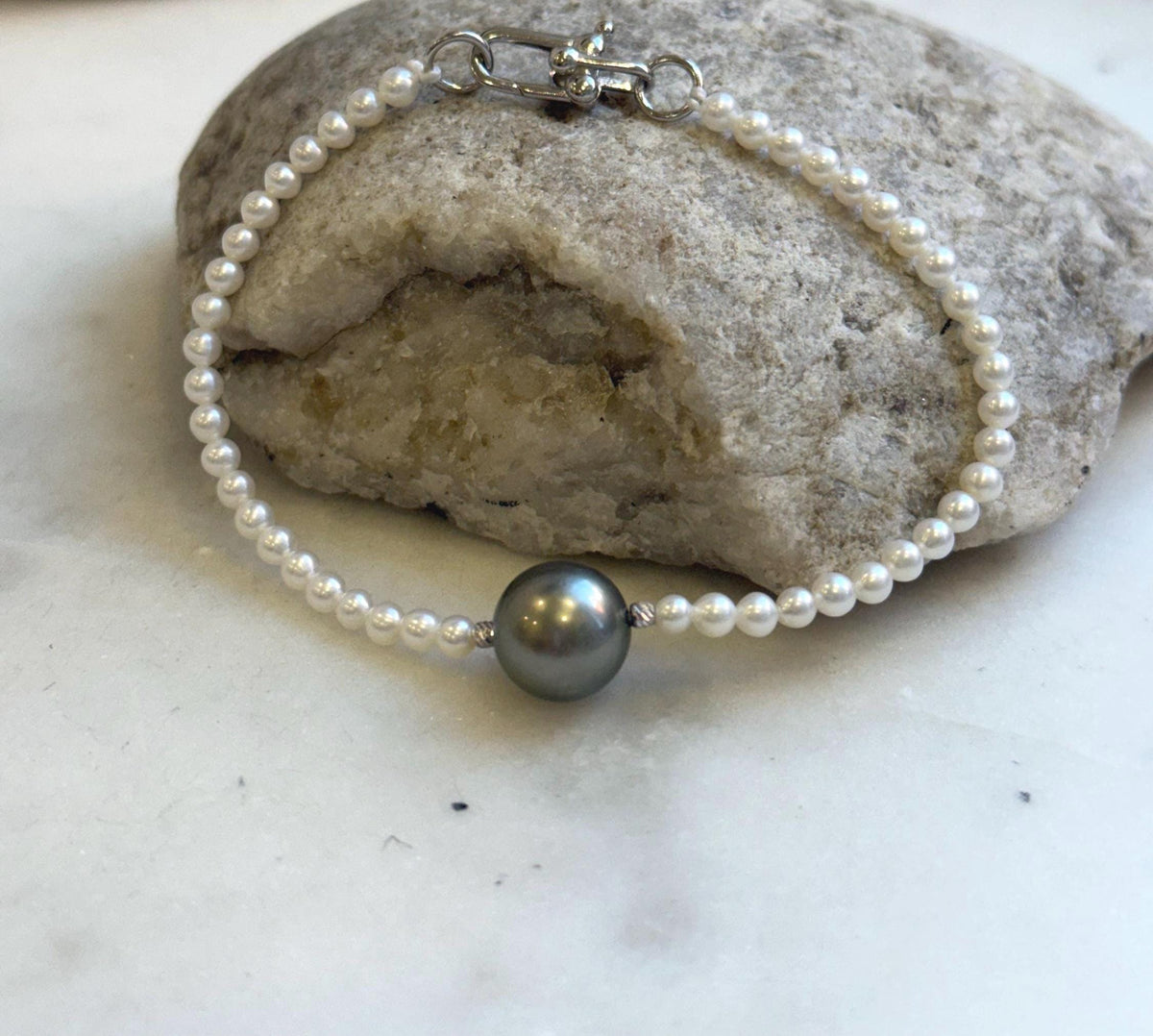 Elly’s 10.5mm Platinum Tahitian Ocean Freshwater white Pearls Bracelet: Extreme luster mirrored, 7.2”, S925 silver bracelet. daily bracelet