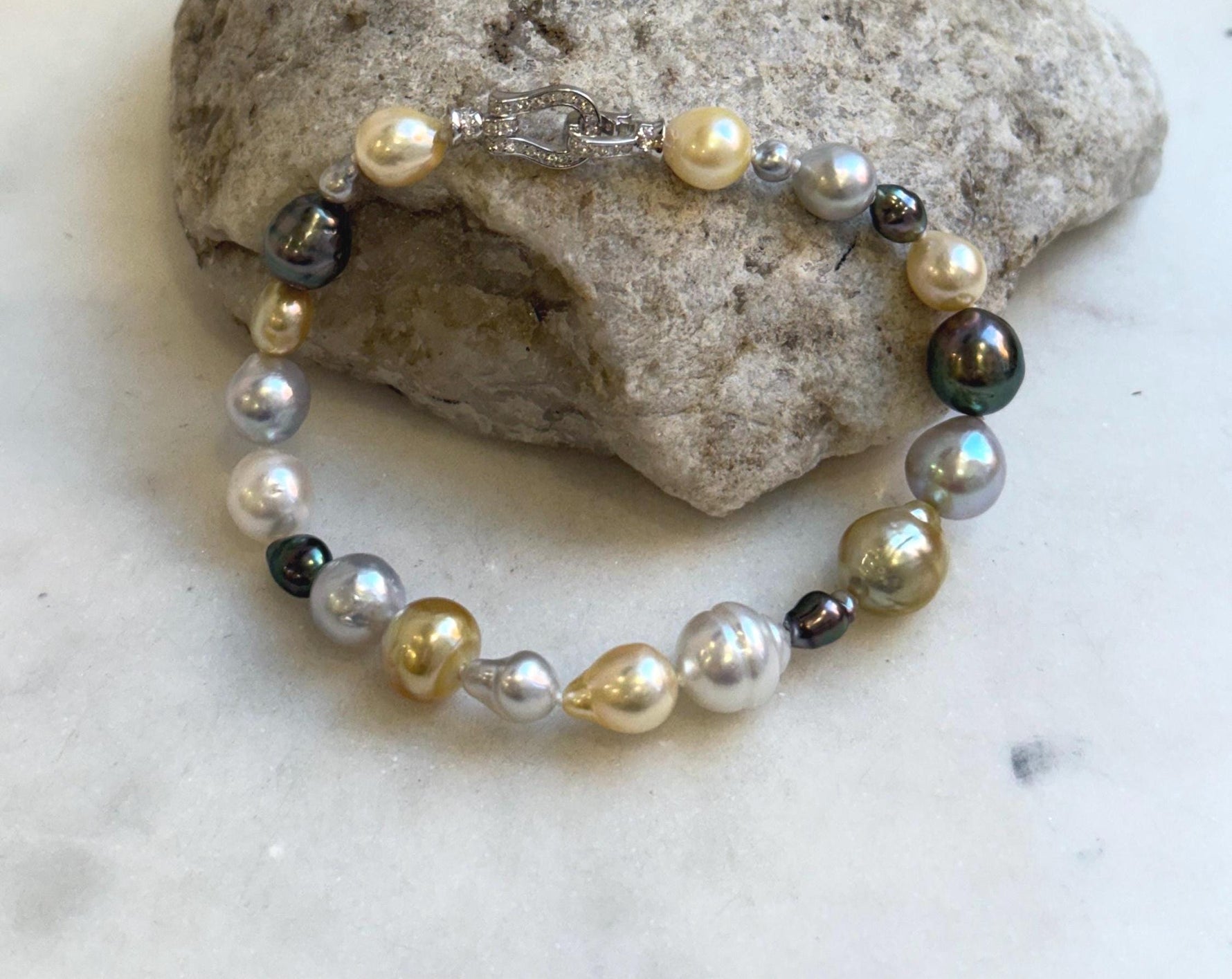 Elly’s Multicolor Ocean Pearls Bracelet: 21pcs South Sea Golden White Tahitian Akoya Pearls, Extreme luster, 3.8-9.5mm, 7.7” knot, gift for her birthday