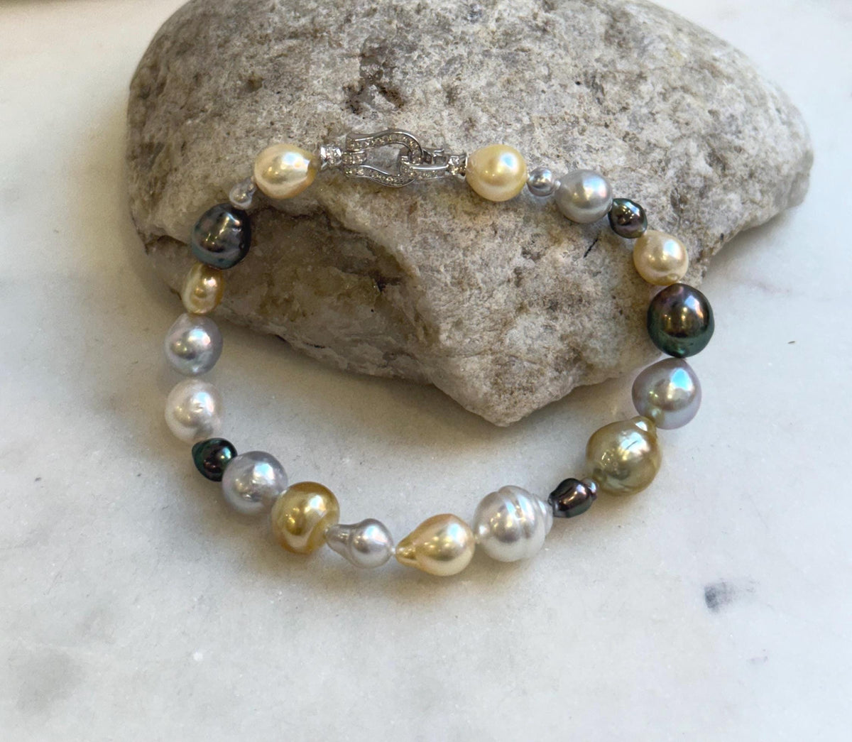 Elly’s Multicolor Ocean Pearls Bracelet: 21pcs South Sea Golden White Tahitian Akoya Pearls, Extreme luster, 3.8-9.5mm, 7.7” knot, gift for her Valentine’s Day