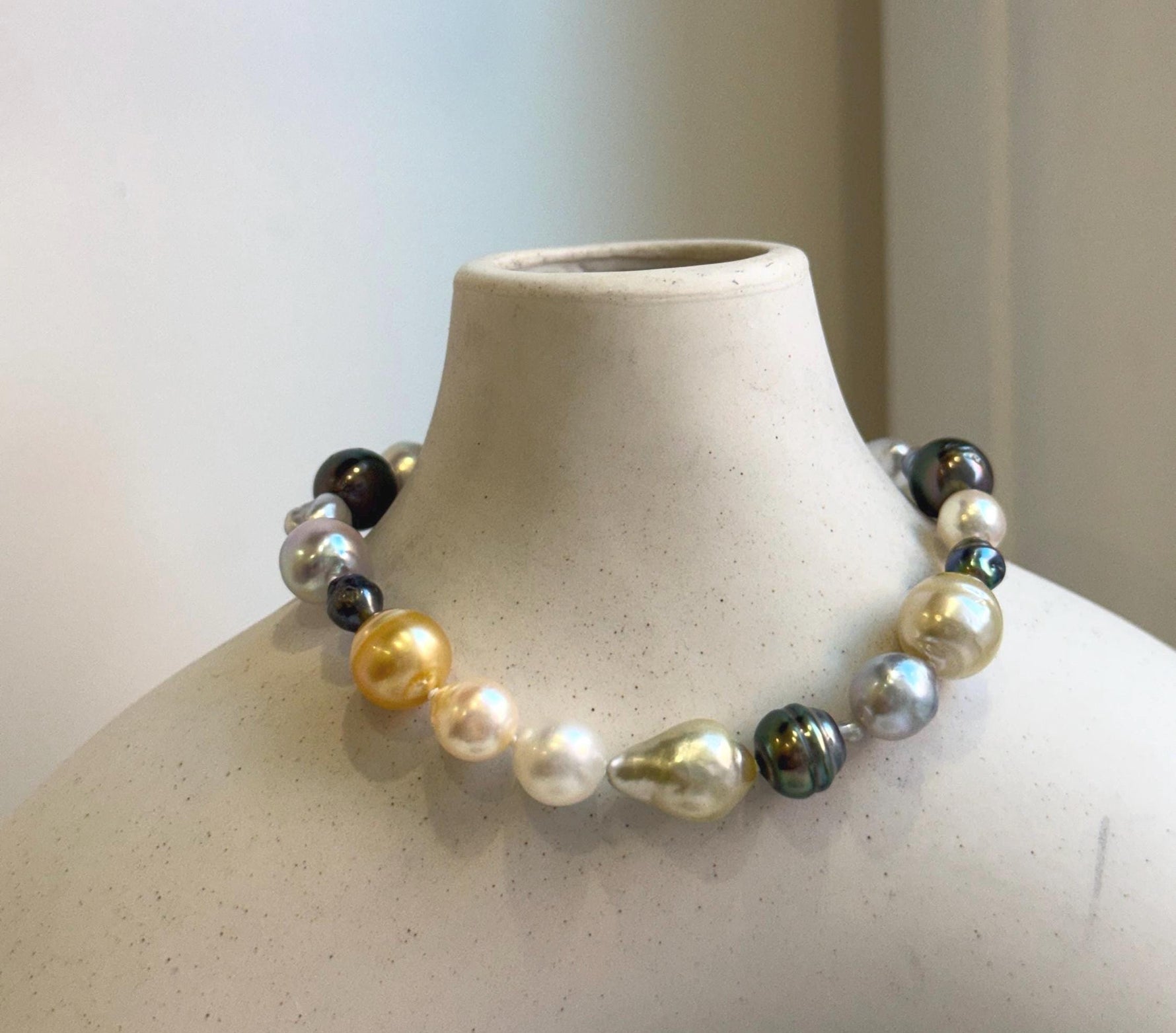 Elly’s Multicolor Ocean Pearls Bracelet: 21pcs South Sea Golden White Tahitian Akoya Pearls, Extreme luster, 3.8-9.6mm, 7.8” knot