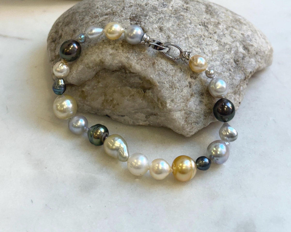 Elly’s Multicolor Ocean Pearls Bracelet: 21pcs South Sea Golden White Tahitian Akoya Pearls, Extreme luster, 3.8-9.6mm, 7.8” knot, gift for her graduation