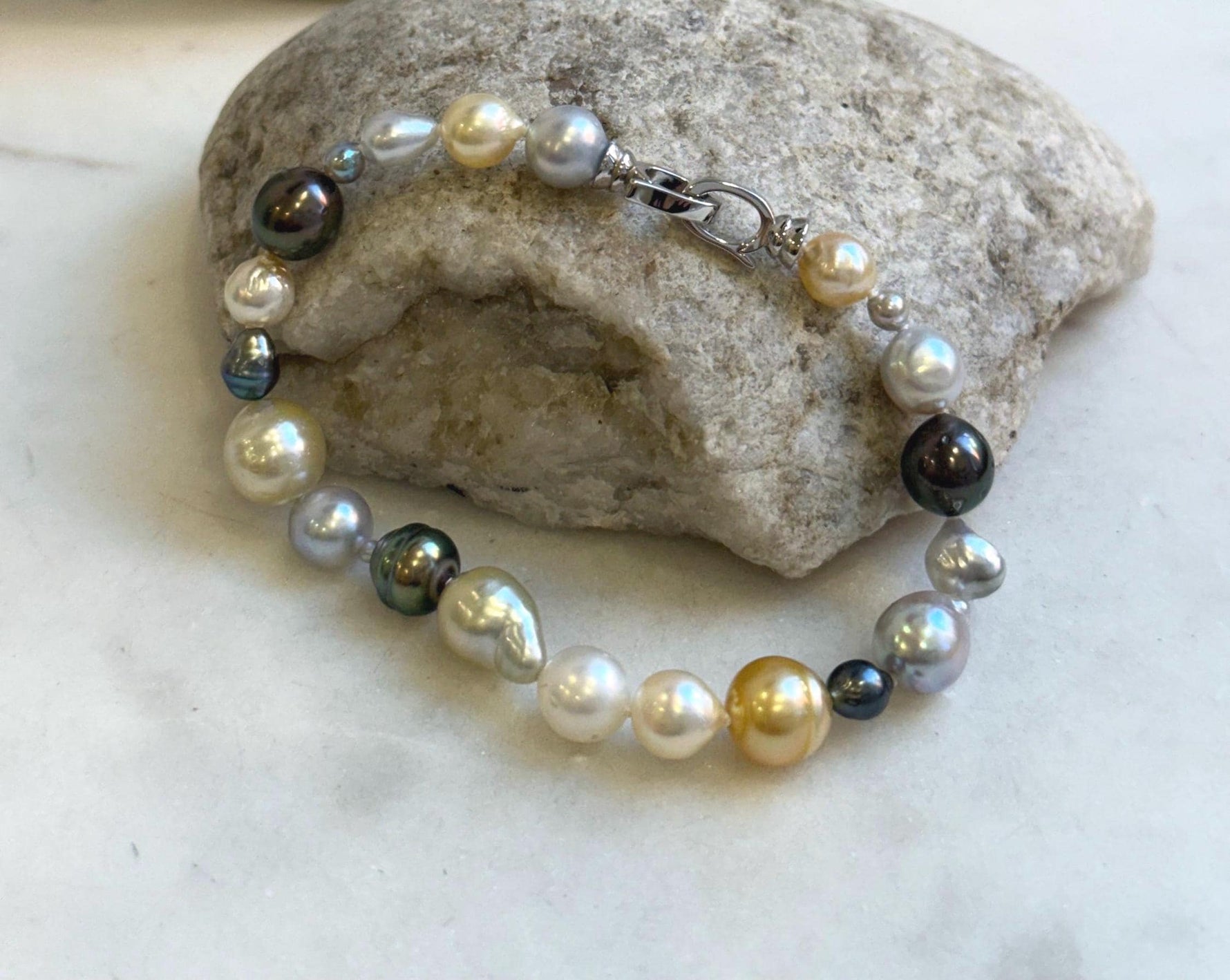 Elly’s Multicolor Ocean Pearls Bracelet: 21pcs South Sea Golden White Tahitian Akoya Pearls, Extreme luster, 3.8-9.6mm, 7.8” knot, gift for her graduation