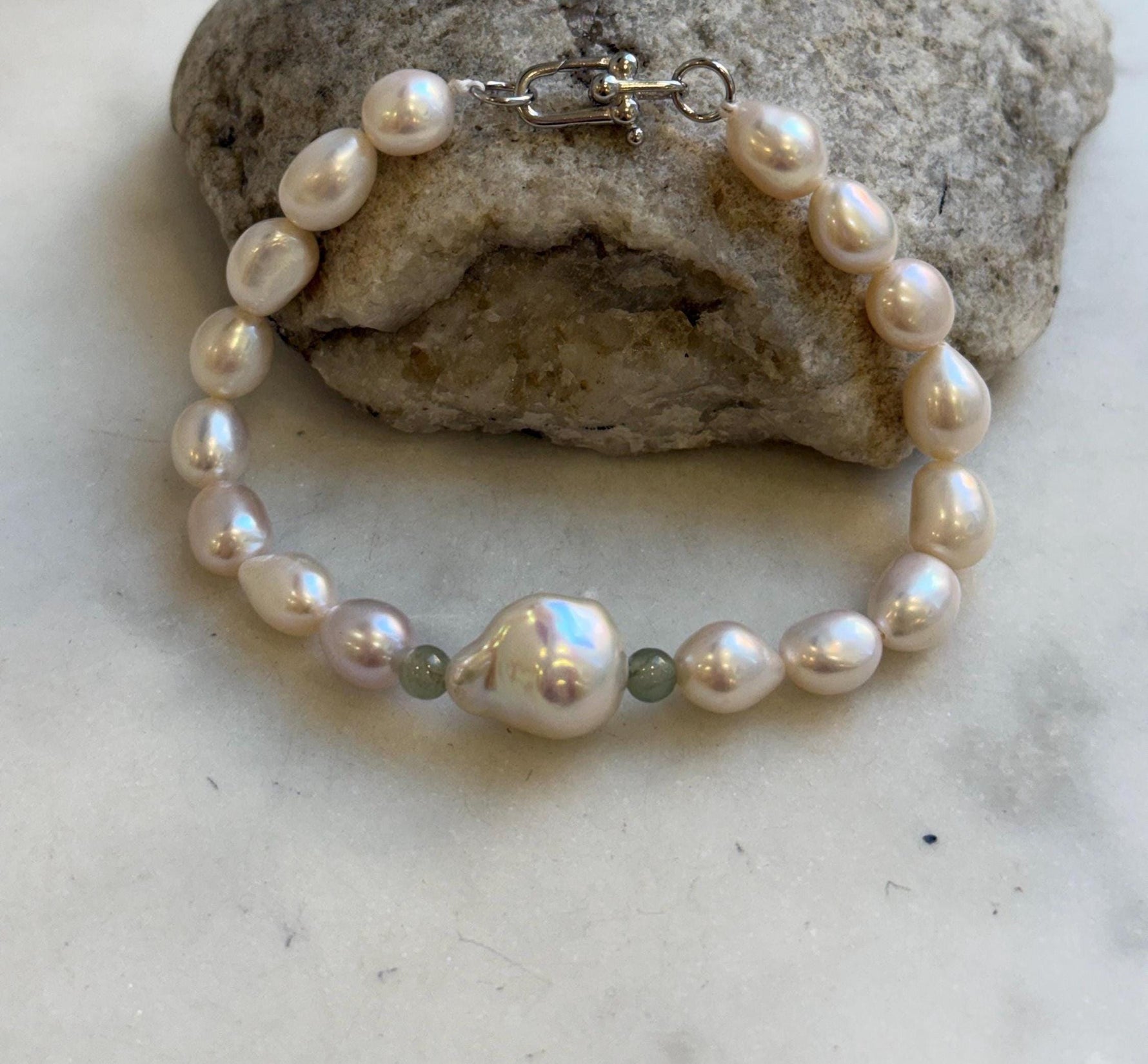 Elly’s 16pcs 7.1-13.1mm Baroque oval pearls Braclet: Extreme luster mirrored, 8”, S925 silver Braclet. gift for her