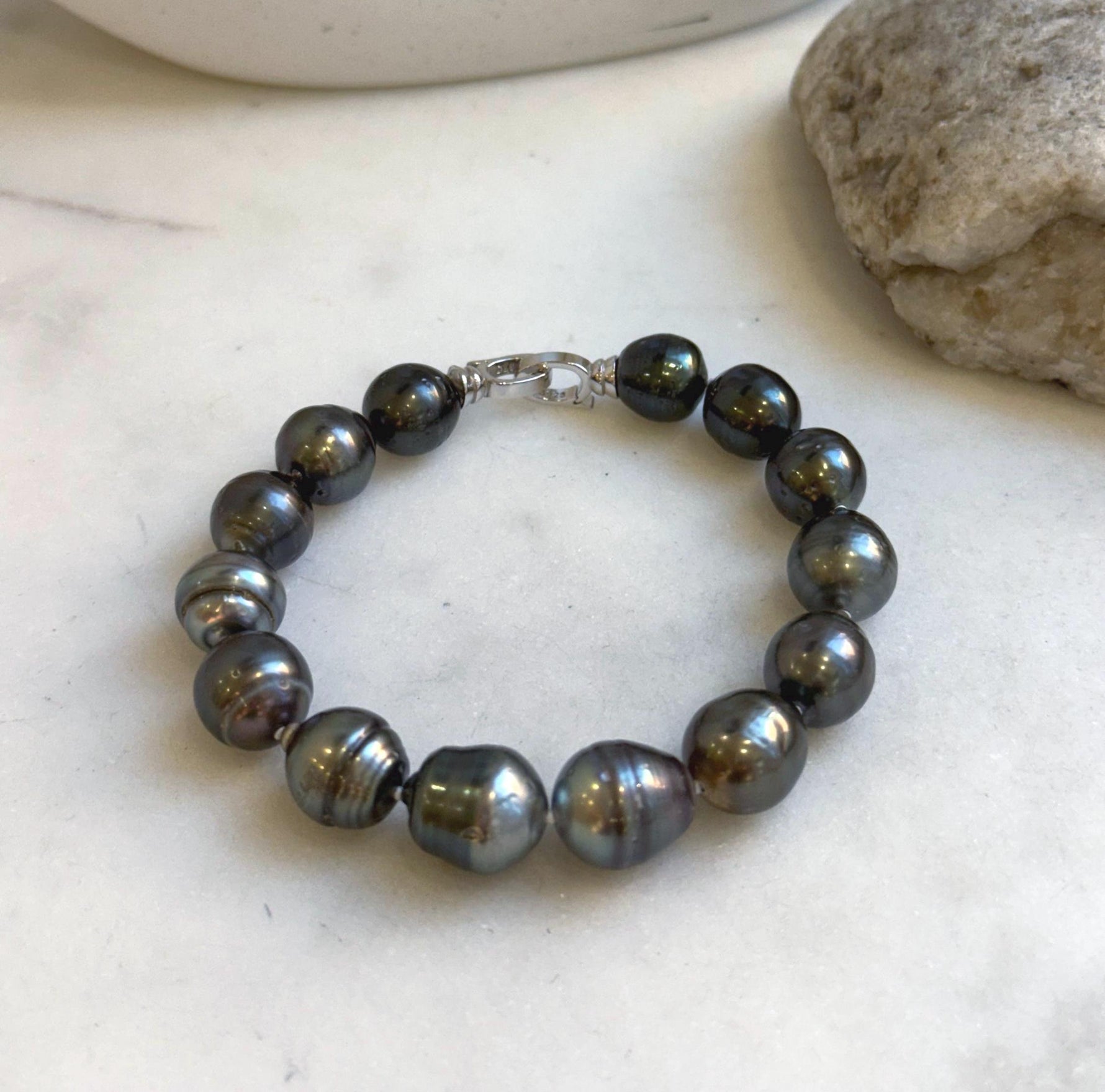 Elly’s 10.1-11.6mm 14pcs Tahitian Ocean peacock platinum Pearls Bracelet: Extreme luster, 7.8” knotted. Pearl jewelry idea. gift for her