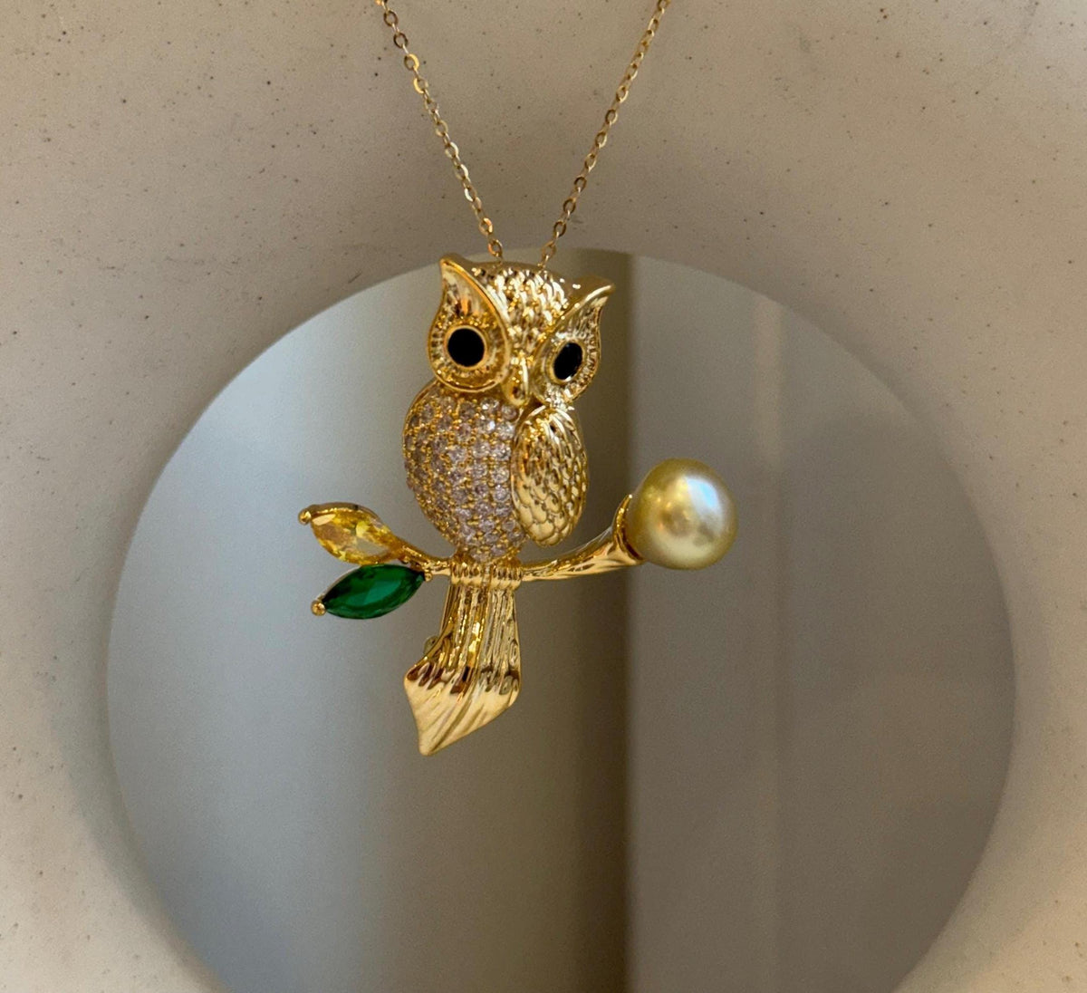Elly’s South sea deep golden ocean pearl Owl brooch pendant 2in1: Extreme luster mirrored, 8.6mm, s925 silver chain not included. gift for her anniversary
