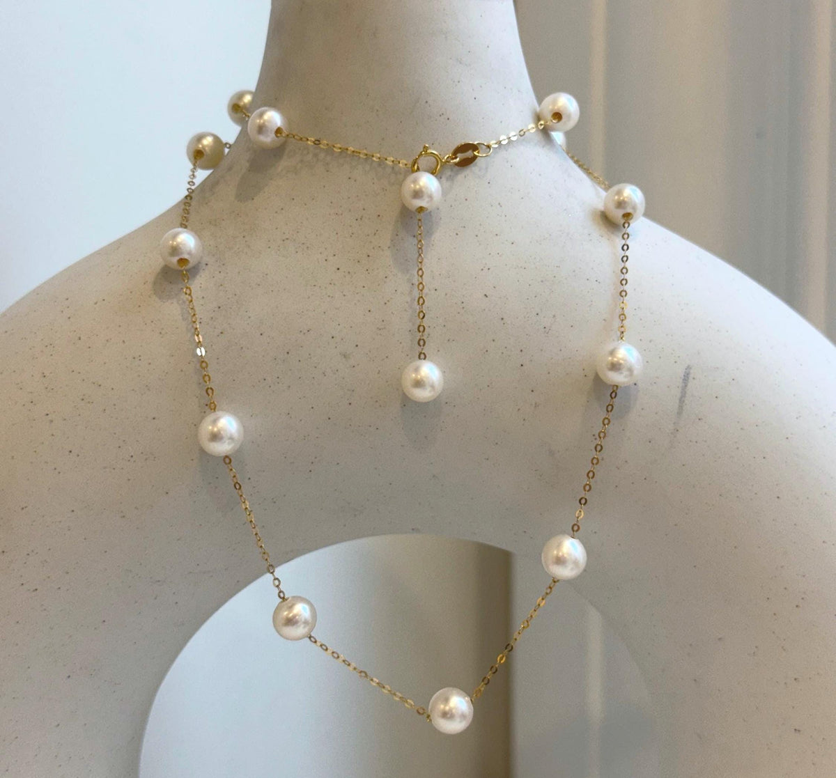 Elly’s 17pcs white Pearls Satellite Necklace: 5.4-6mm, 17.5”. S925 silver necklace set. Pearl jewelry idea.