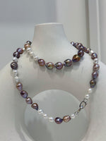 Elly’s Metallic rainbow white iridescent Pearls Necklace Strand: 5-8.5mm, 21.5”, S925 silver necklace. gift for her
