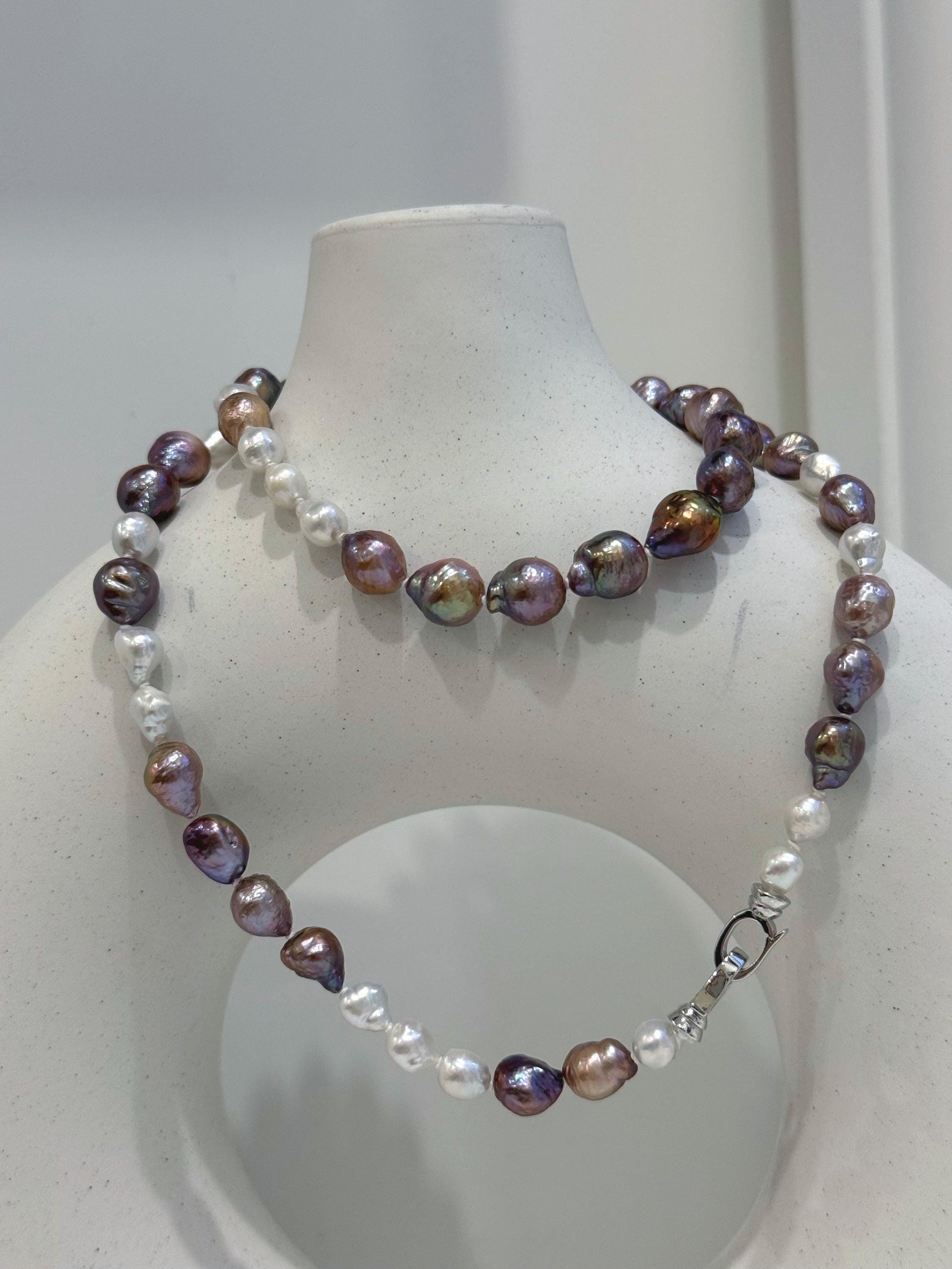 Elly’s Metallic rainbow white iridescent Pearls Necklace Strand: 5-8.5mm, 21.5”, S925 silver necklace. gift for her