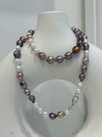 Elly’s Metallic rainbow white iridescent Pearls Necklace Strand: 5-8.5mm, 21.5”, S925 silver necklace. gift for her