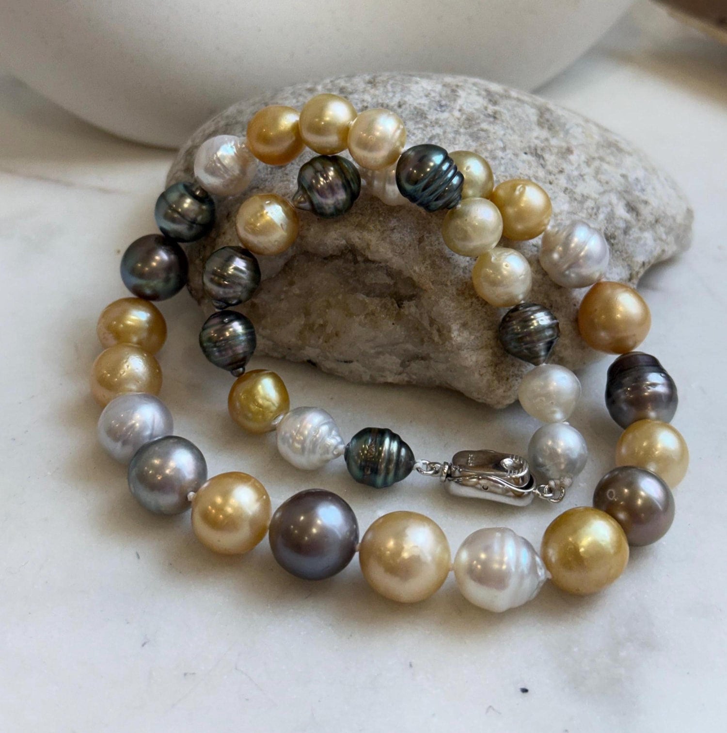 9.6-13.1mm 36pcs South sea Golden Australian Tahitian Ocean pearls necklace: Extreme luster, Hand knotted 17.9”, S925 silver necklace strand, gift for her birthday