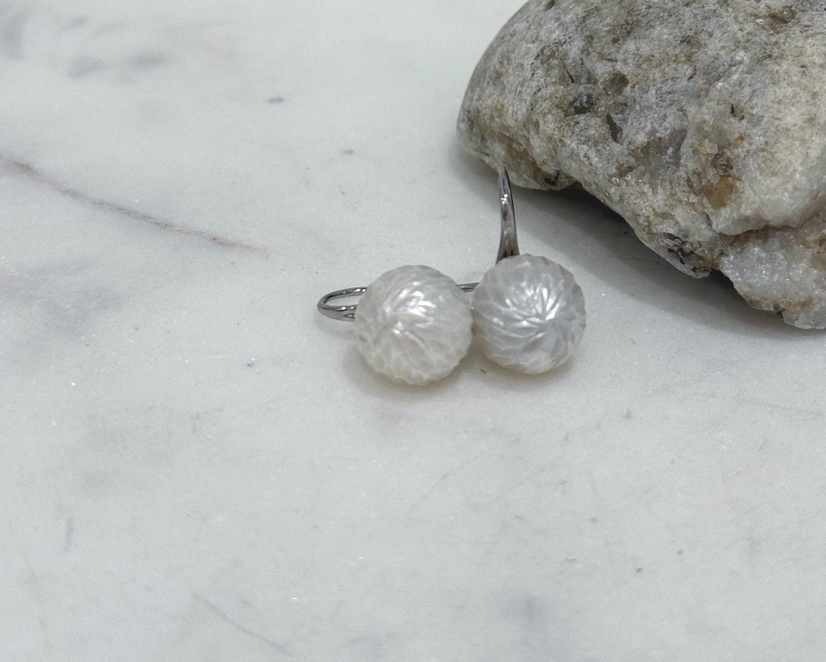 Elly’s 12mm Australian ocean White Carved Pearls Earrings High heel Hooks: Extreme luster Mirrored, S925 silver minimalist earrings. gift for her office wear