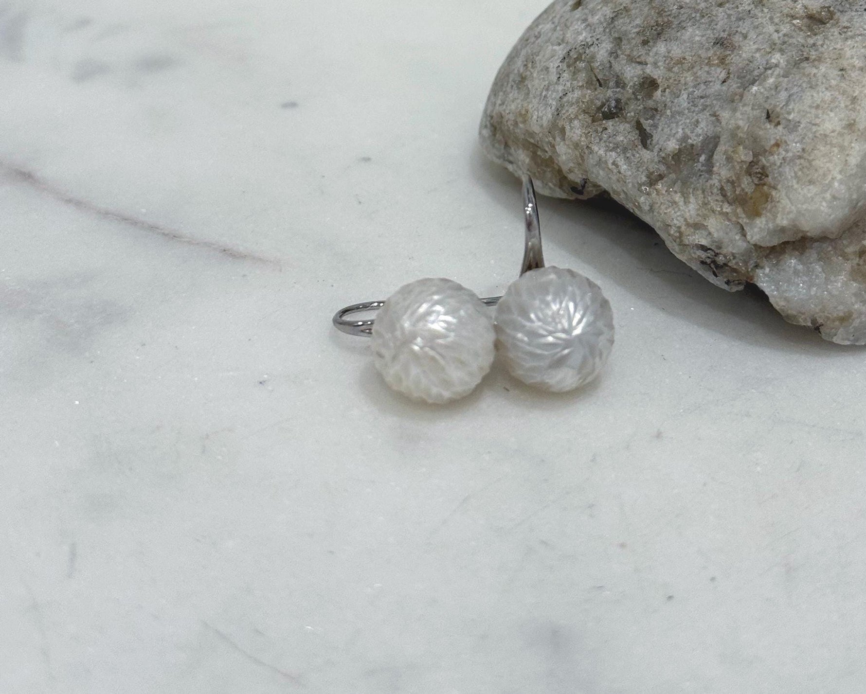 Elly’s 12mm Australian ocean White Carved Pearls Earrings High heel Hooks: Extreme luster Mirrored, S925 silver minimalist earrings. gift for her office wear