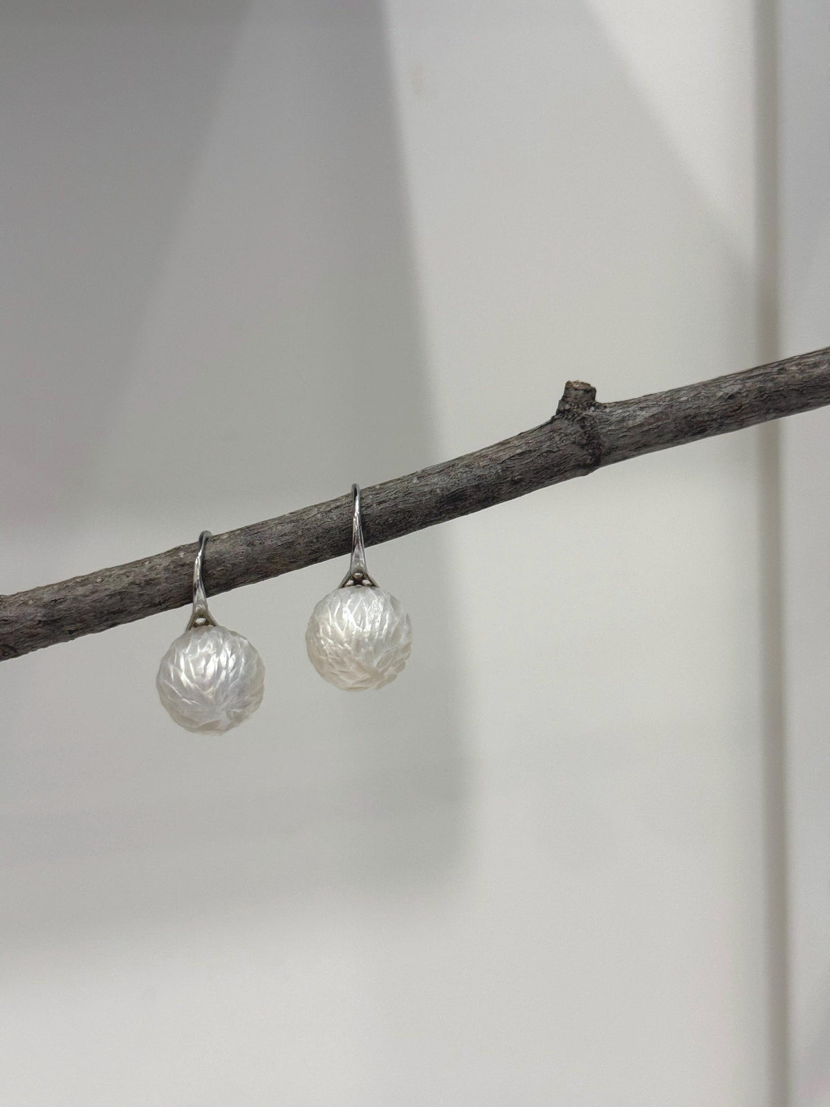 Elly’s 12mm Australian ocean White Carved Pearls Earrings High heel Hooks: Extreme luster Mirrored, S925 silver minimalist earrings. gift for her