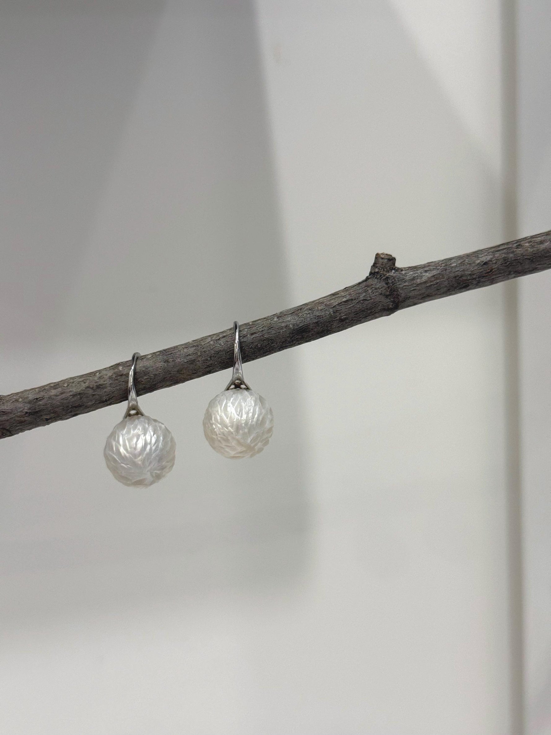 Elly’s 12mm Australian ocean White Carved Pearls Earrings High heel Hooks: Extreme luster Mirrored, S925 silver minimalist earrings. gift for her