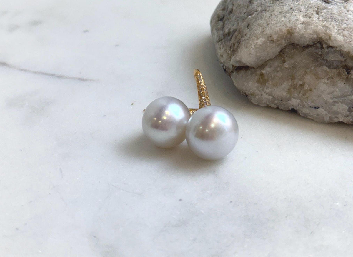 Elly’s 14.4mm White Edison Pearls High heel Earrings Hooks: Extreme luster Mirrored, 2.6cm high, S925 silver earrings hooks. gift for her daily wear