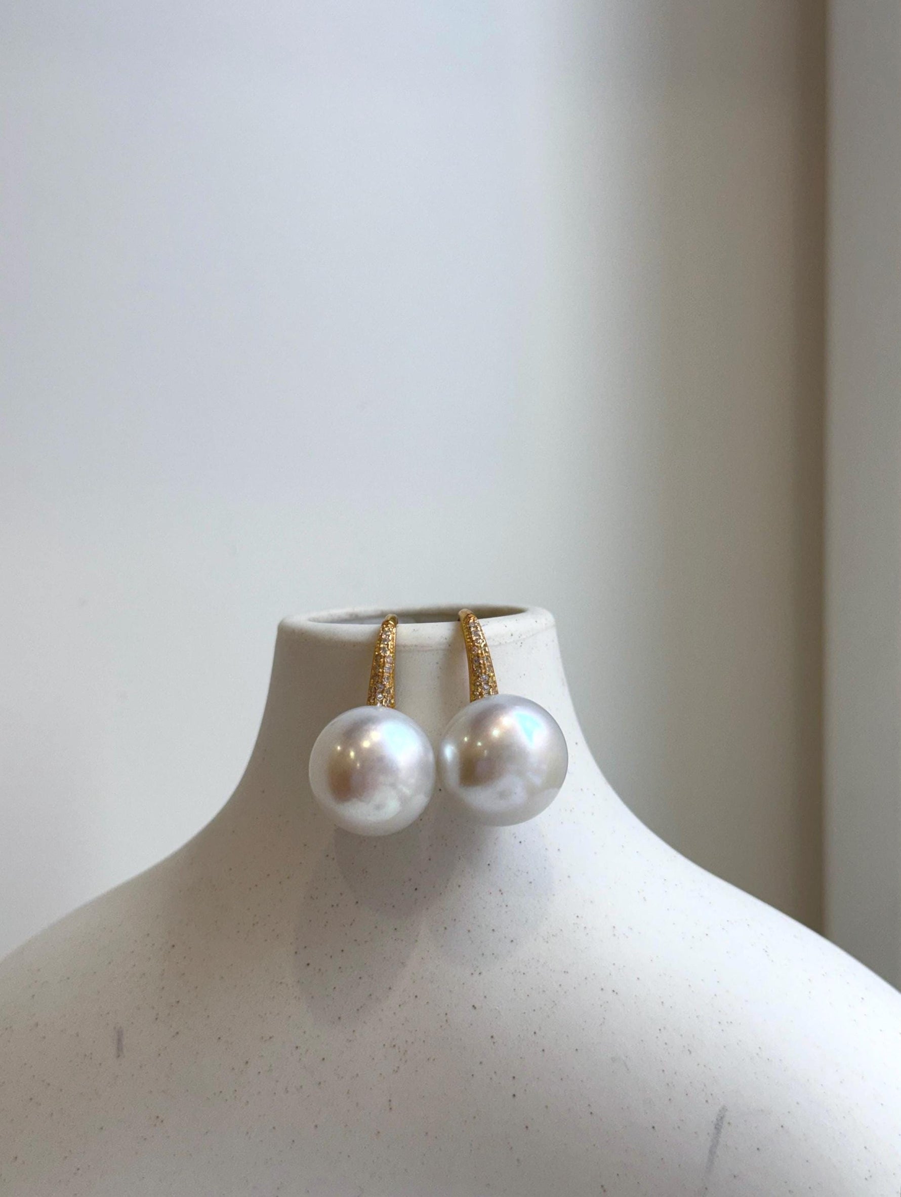 Elly’s 14.4mm White Edison Pearls High heel Earrings Hooks: Extreme luster Mirrored, 2.6cm high, S925 silver earrings hooks. gift for her