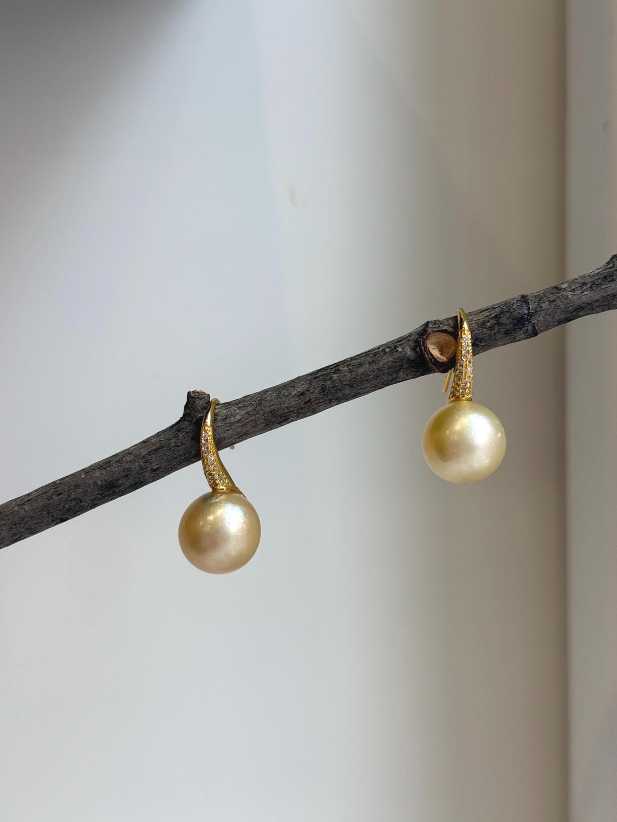 Elly’s 12.5mm South sea light golden Pearls High heel Earrings Hooks: Extreme luster, 2.6cm high, S925 silver earrings with zircon. gift for her holiday