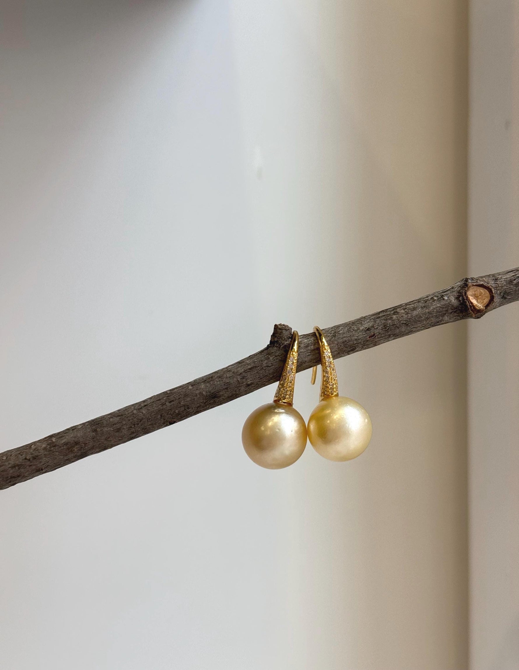 Elly’s 12.5mm South sea light golden Pearls High heel Earrings Hooks: Extreme luster, 2.6cm high, S925 silver earrings with zircon. gift for her wedding