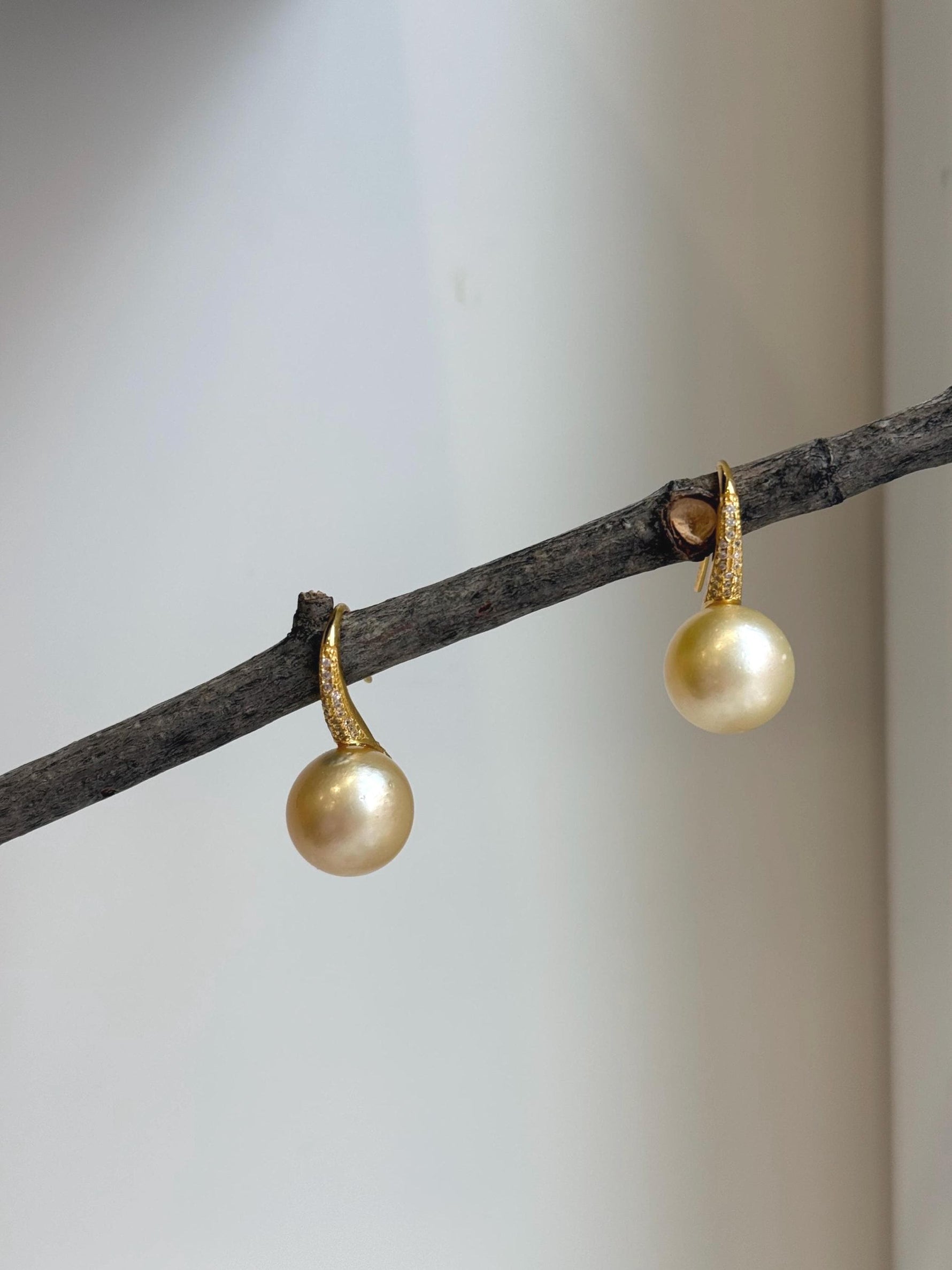 Elly’s 12.5mm South sea light golden Pearls High heel Earrings Hooks: Extreme luster, 2.6cm high, S925 silver earrings with zircon.