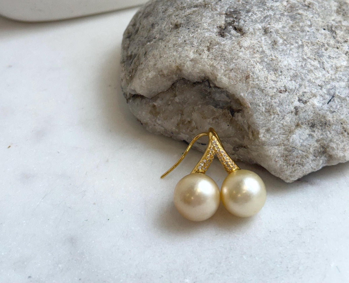 Elly’s 12.5mm South sea light golden Pearls High heel Earrings Hooks: Extreme luster, 2.6cm high, S925 silver earrings with zircon. gift for her party