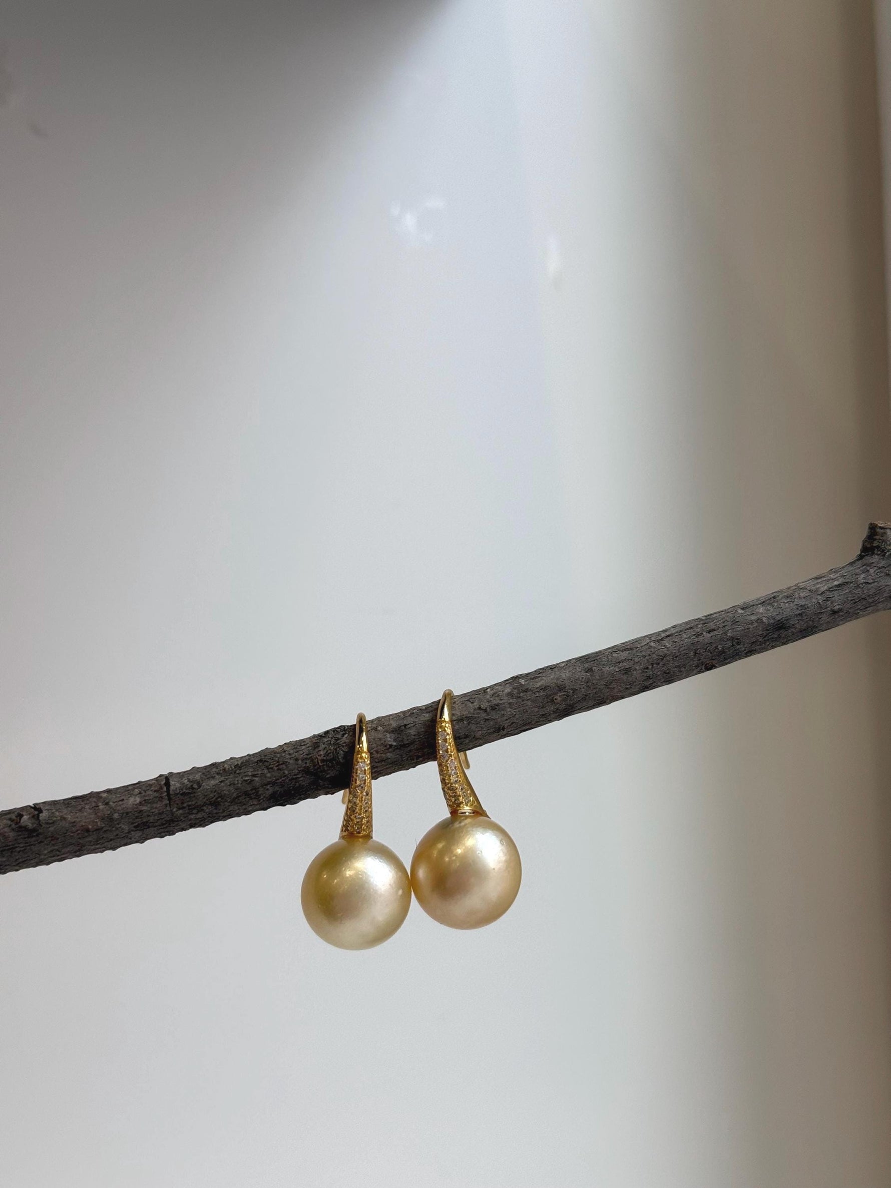 Elly’s 12.5mm South sea light golden Pearls High heel Earrings Hooks: Extreme luster, 2.6cm high, S925 silver earrings with zircon.