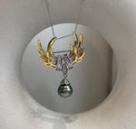 Elly’s 11.5mm Tahitian Peacock Green Ocean Pearl Vintage Brooch Pendant 2in1: Extreme luster mirrored, gift for her anniversary