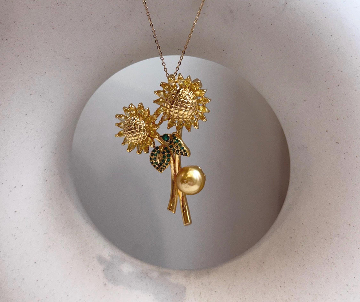 Elly’s 9.6mm South Sea deep Gold Pearl Sunflower Brooch Pendant 2in1: Extreme luster mirrored, 3.2x5cm, gift for her