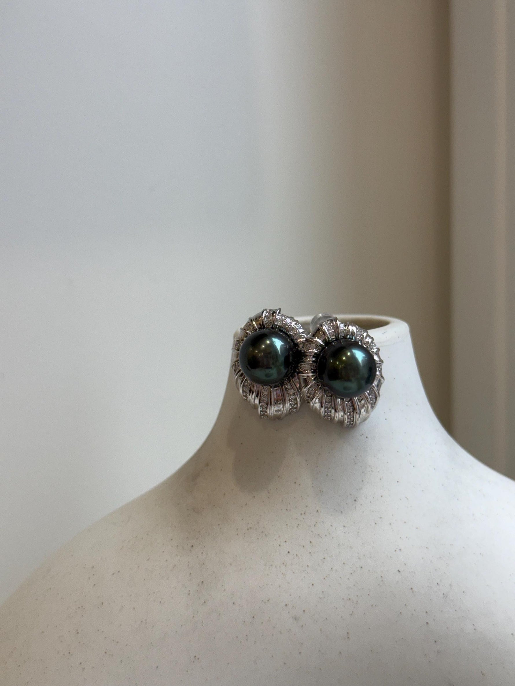 Elly’s 10.4mm Tahitian Peacock green ocean pearls earrings: Extreme luster mirrored, S925 silver fireworks earrings. Pearl jewelry. gift for her daily wear