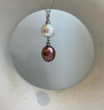 Elly’s Double 11.3-11.4mm Edison Pears Pendant: Extreme luster mirrored, white antique gold pearls, 4.1cm, s925 silver necklace set.