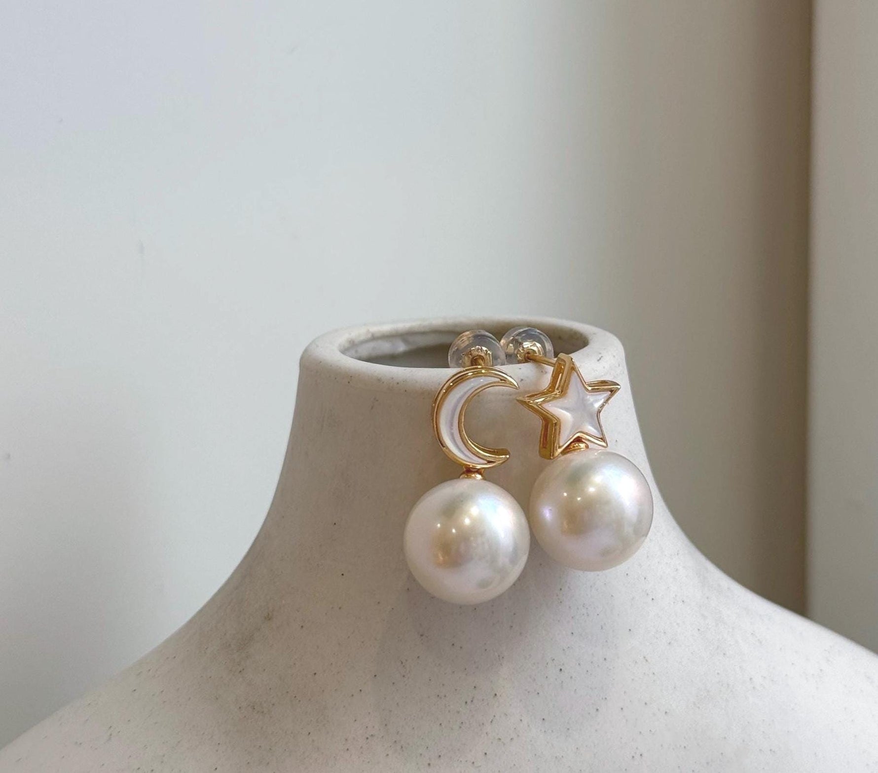Elly’s 12.2mm Edison white Pearls Star Moon Earrings: Extreme luster Mirrored, 2.2cm high, S925 silver earrings.