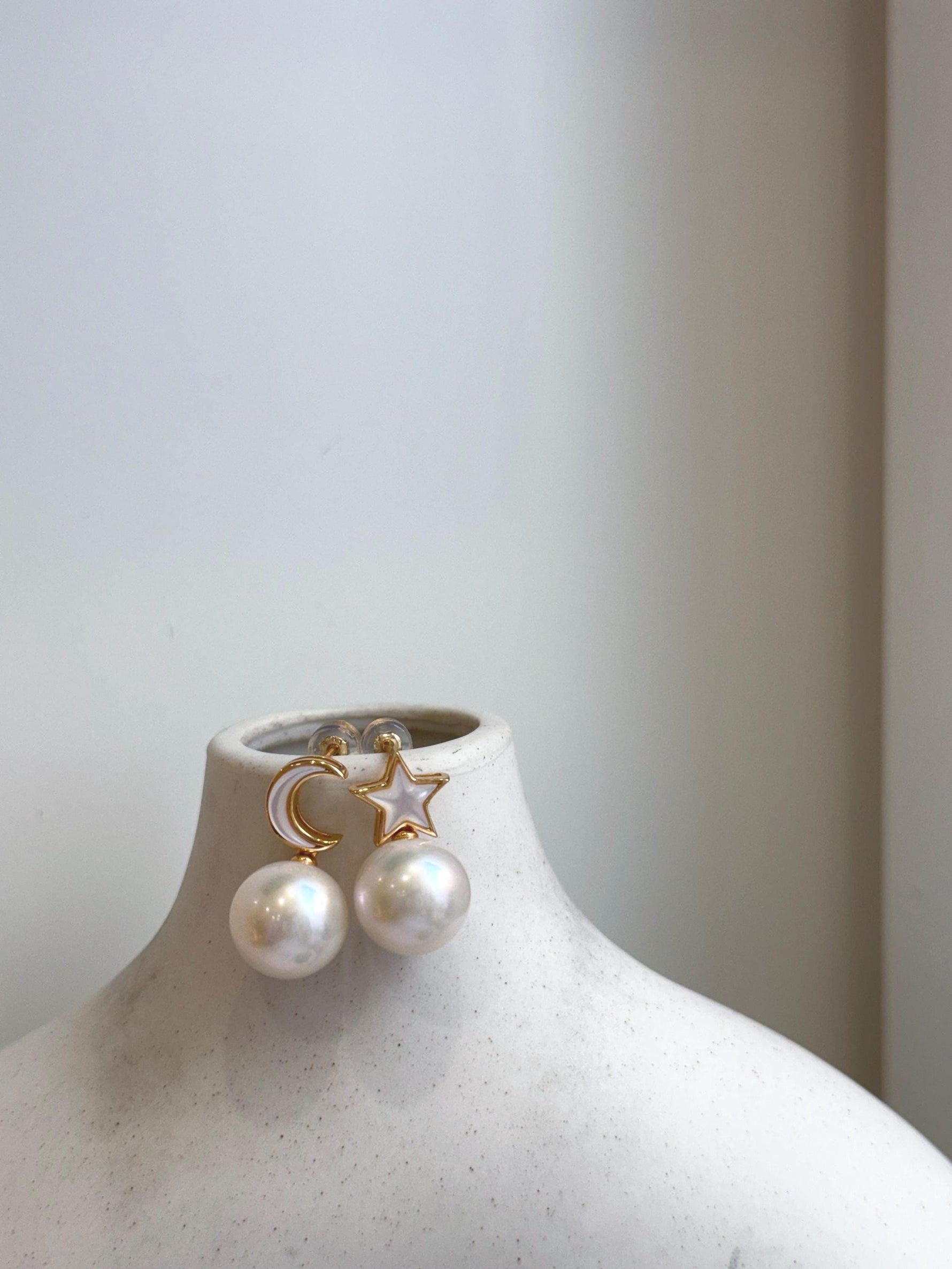 Elly’s 12.2mm Edison white Pearls Star Moon Earrings: Extreme luster Mirrored, 2.2cm high, S925 silver earrings. office pearl earrings