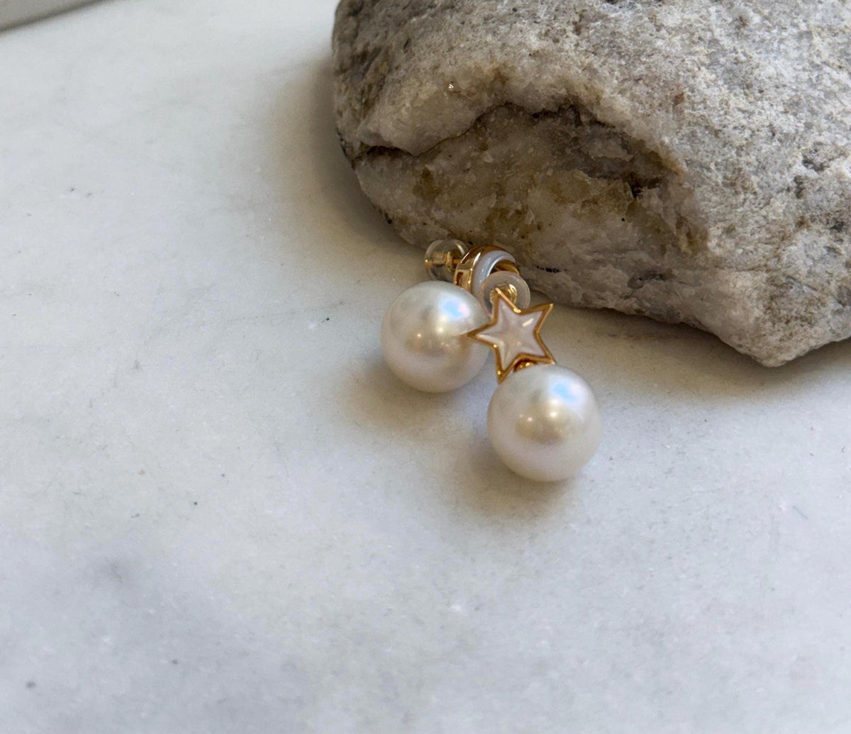 Elly’s 12.2mm Edison white Pearls Star Moon Earrings: Extreme luster Mirrored, 2.2cm high, S925 silver earrings.