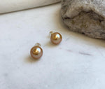 Elly’s 10.3mm Edison Deep Golden Pearls Earrings Studs: Extreme luster Mirrored, S925 silver earrings. Pearl jewelry idea.