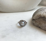 Elly’s 7.8mm Akoya blue silver ocean Pearl Ring: Extreme luster mirrored, 1.4cm dia, S925 Silver Adjustable floral Ring.