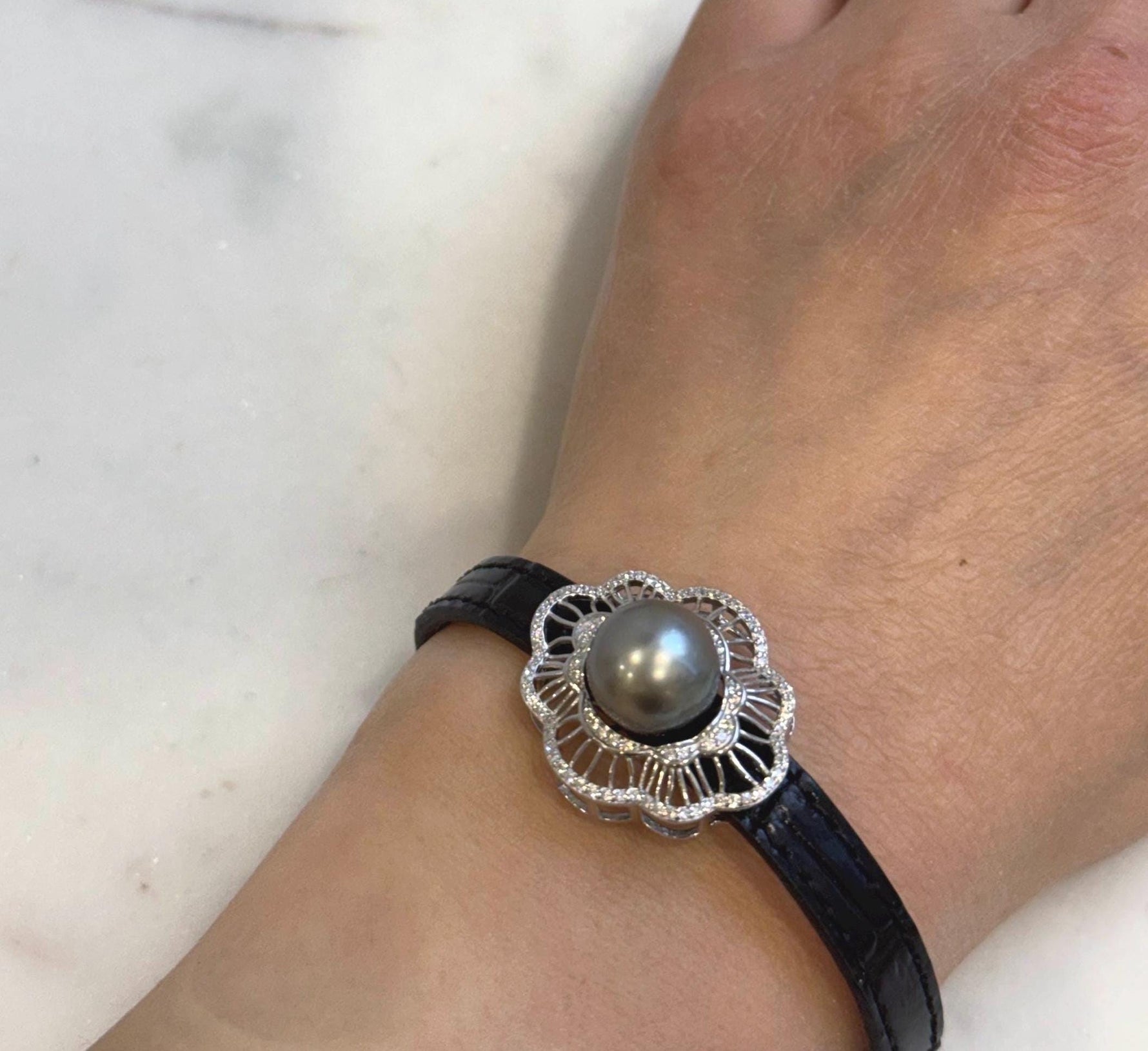 Elly’s 11.3mm Tahitian Platinum Ocean Pearl Genius Leather Strap Bracelet: extreme luster mirrored, for 6.1”- 8” wrist.
