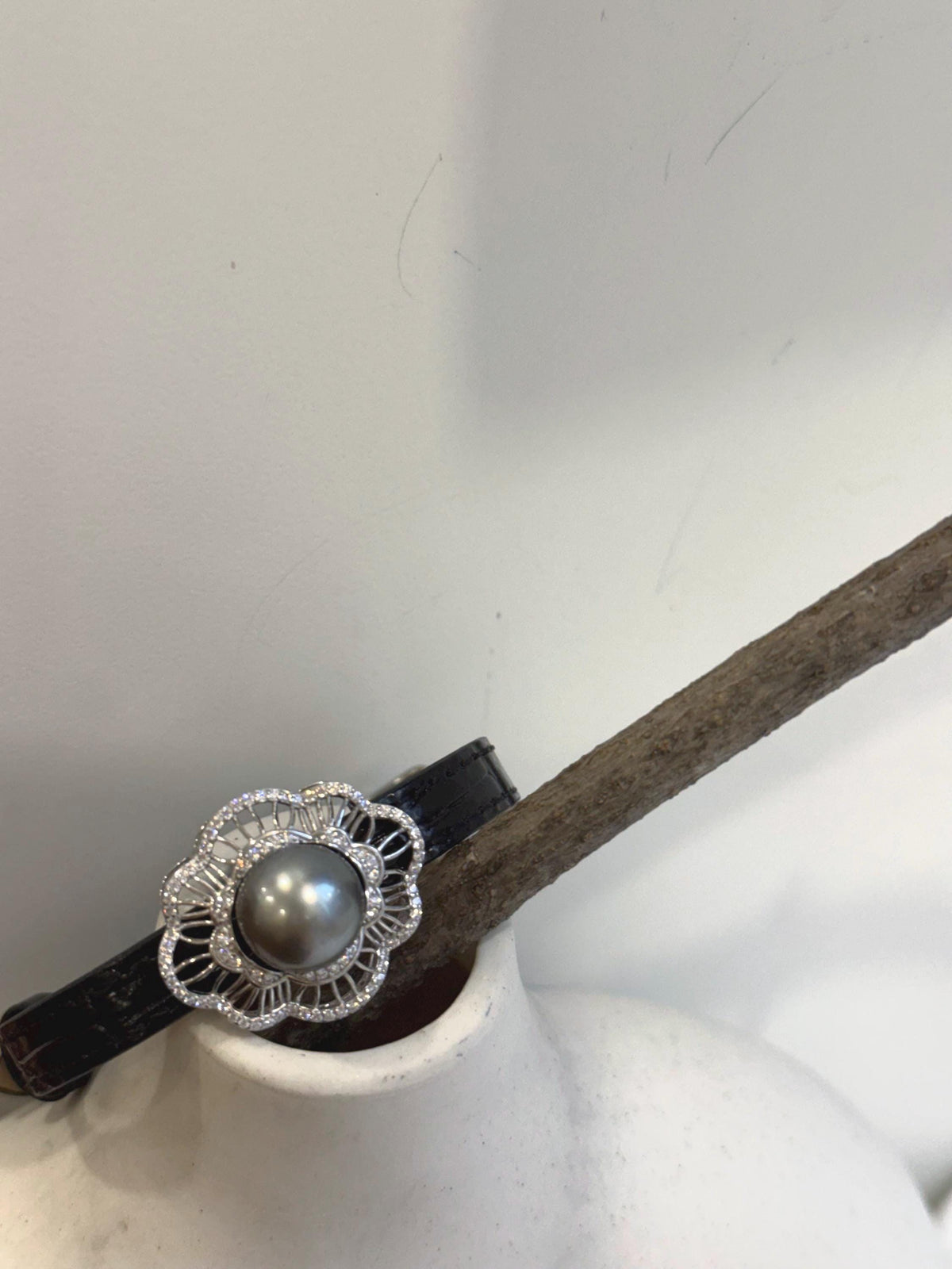 Elly’s 11.3mm Tahitian Platinum Ocean Pearl Genius Leather Strap Bracelet: extreme luster mirrored, for 6.1”- 8” wrist.