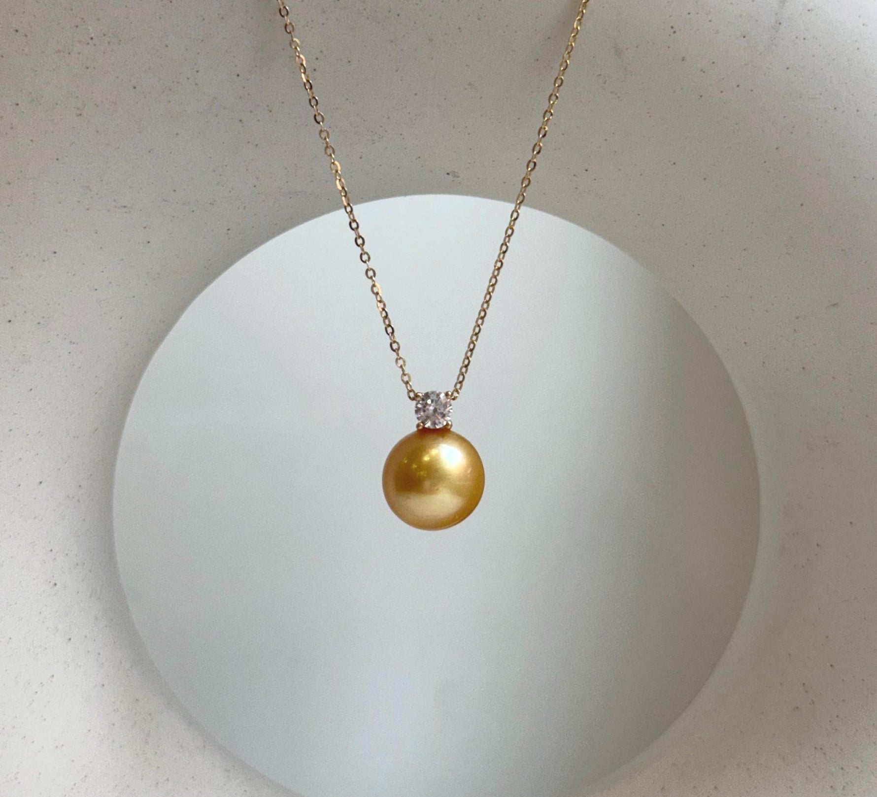Elly’s 11mm South sea deep gold Pearl pendant: Extreme luster mirrored, 1.5cm high, S925 silver castle pendant chain set.