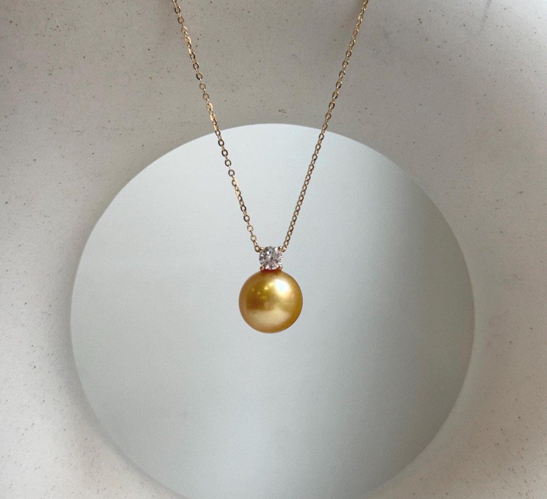 Elly’s 11mm South sea deep gold Pearl pendant: Extreme luster mirrored, 1.5cm high, S925 silver castle pendant chain set.