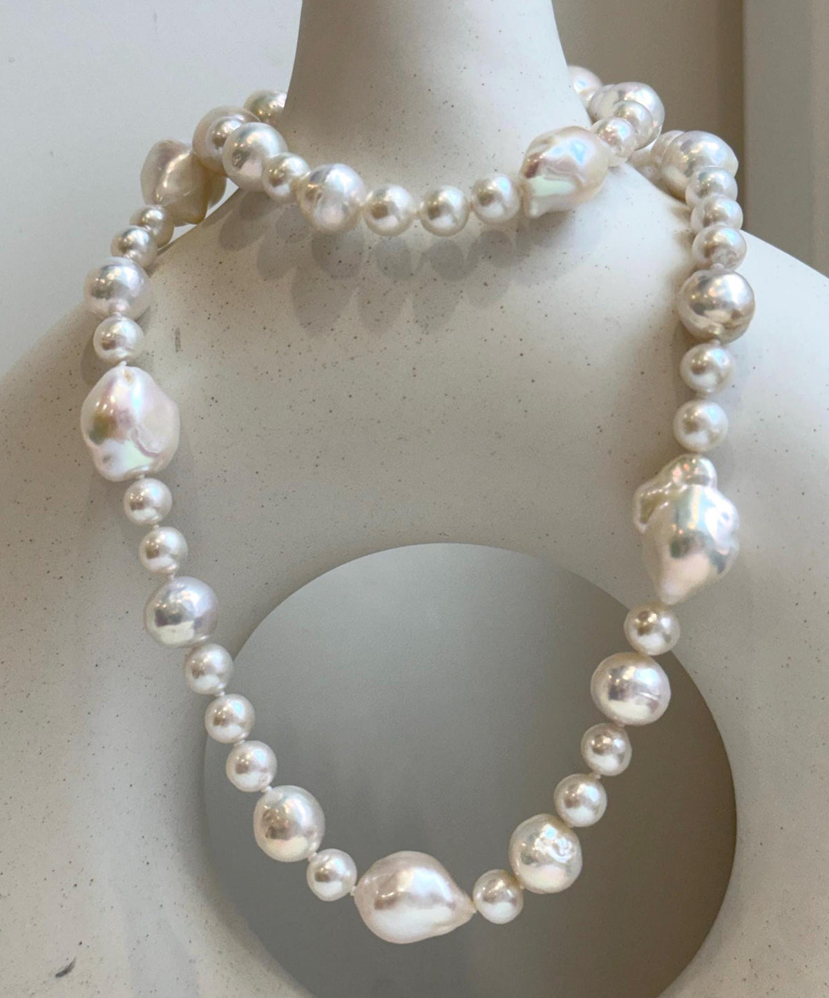 Elly’s 6.4-12.9mm White iridescent Pearls Necklace: Extreme luster, 20.9” knotted, S925 silver Necklace.