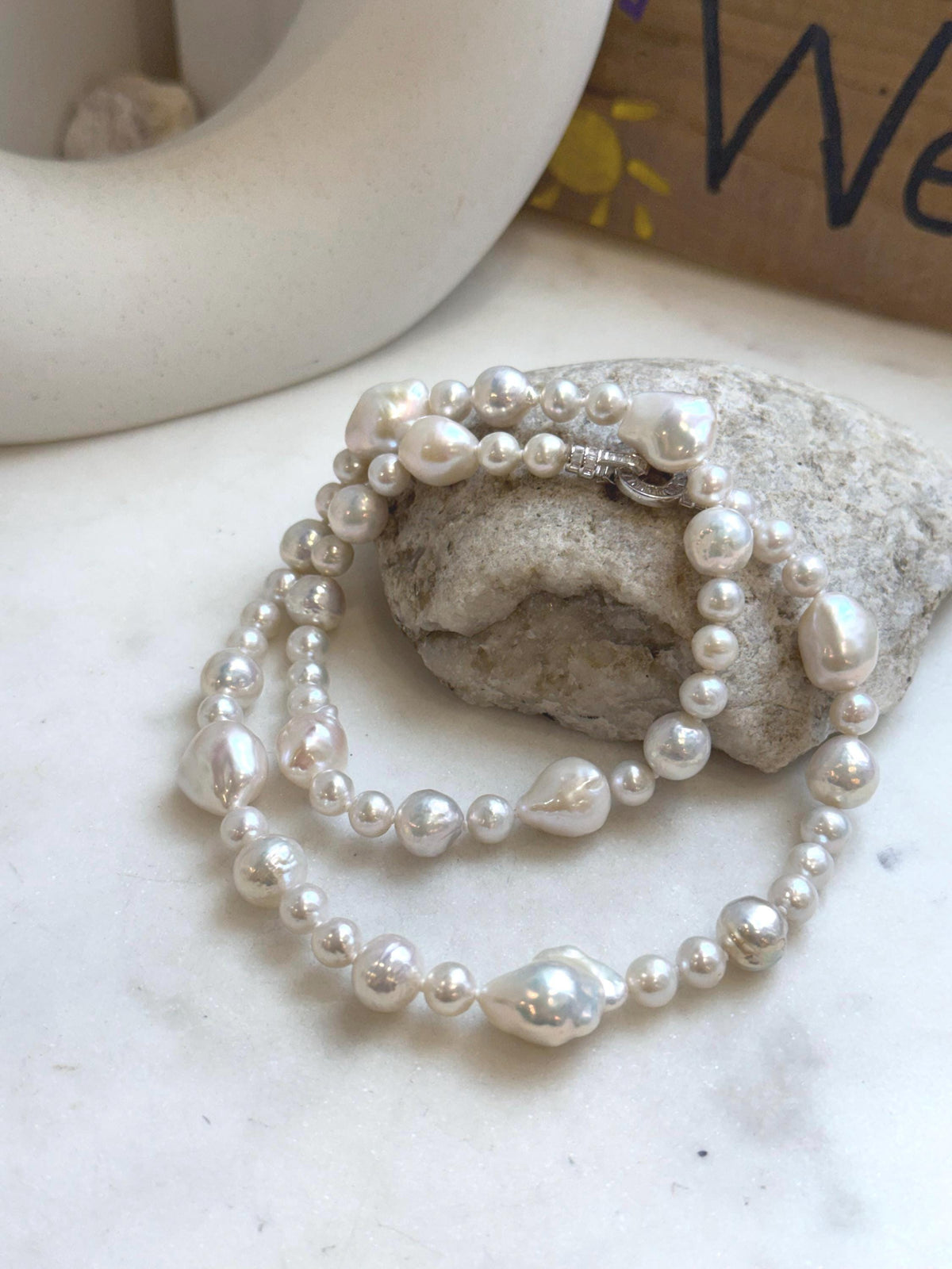 Elly’s 6.4-12.9mm White iridescent Pearls Necklace: Extreme luster, 20.9” knotted, S925 silver Necklace. gift for her holiday