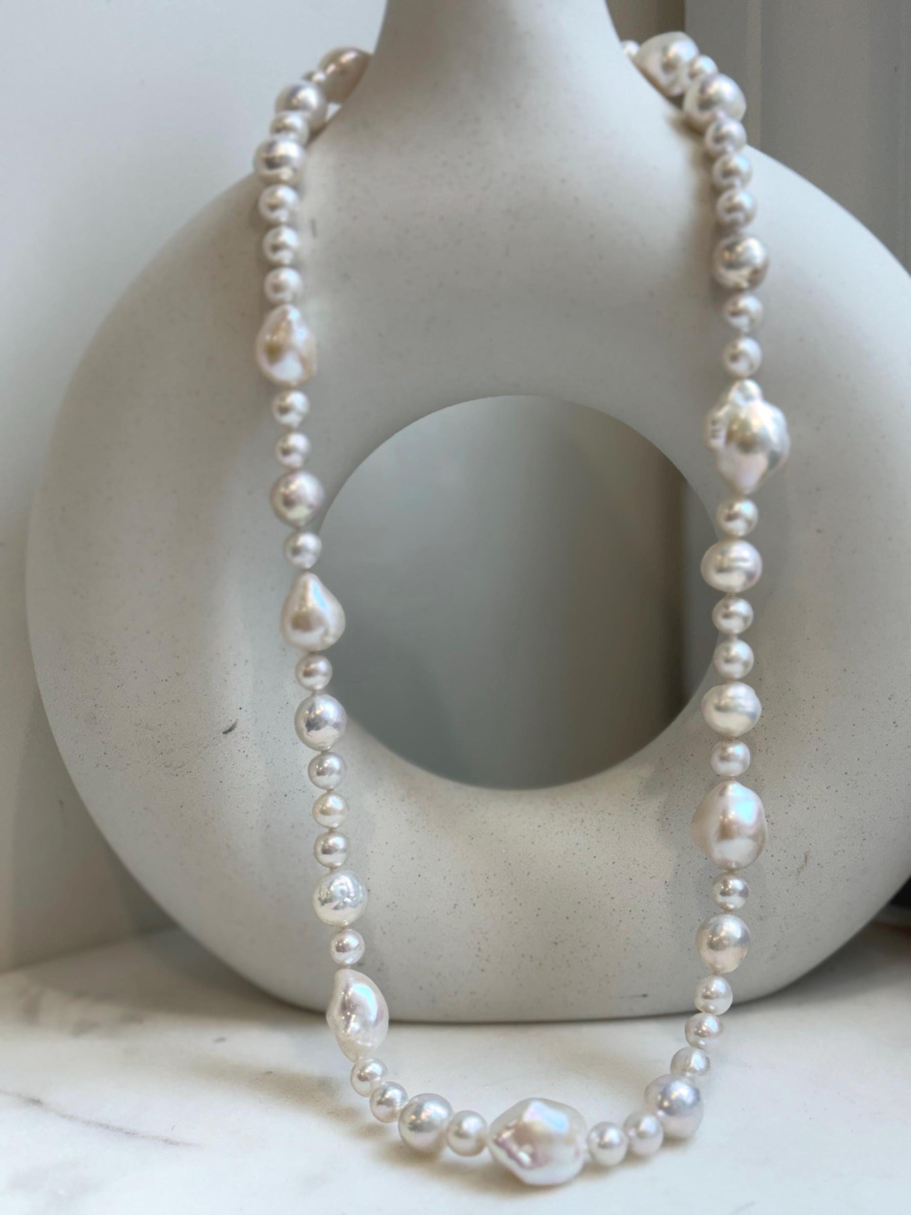 Elly’s 6.4-12.9mm White iridescent Pearls Necklace: Extreme luster, 20.9” knotted, S925 silver Necklace. gift for her