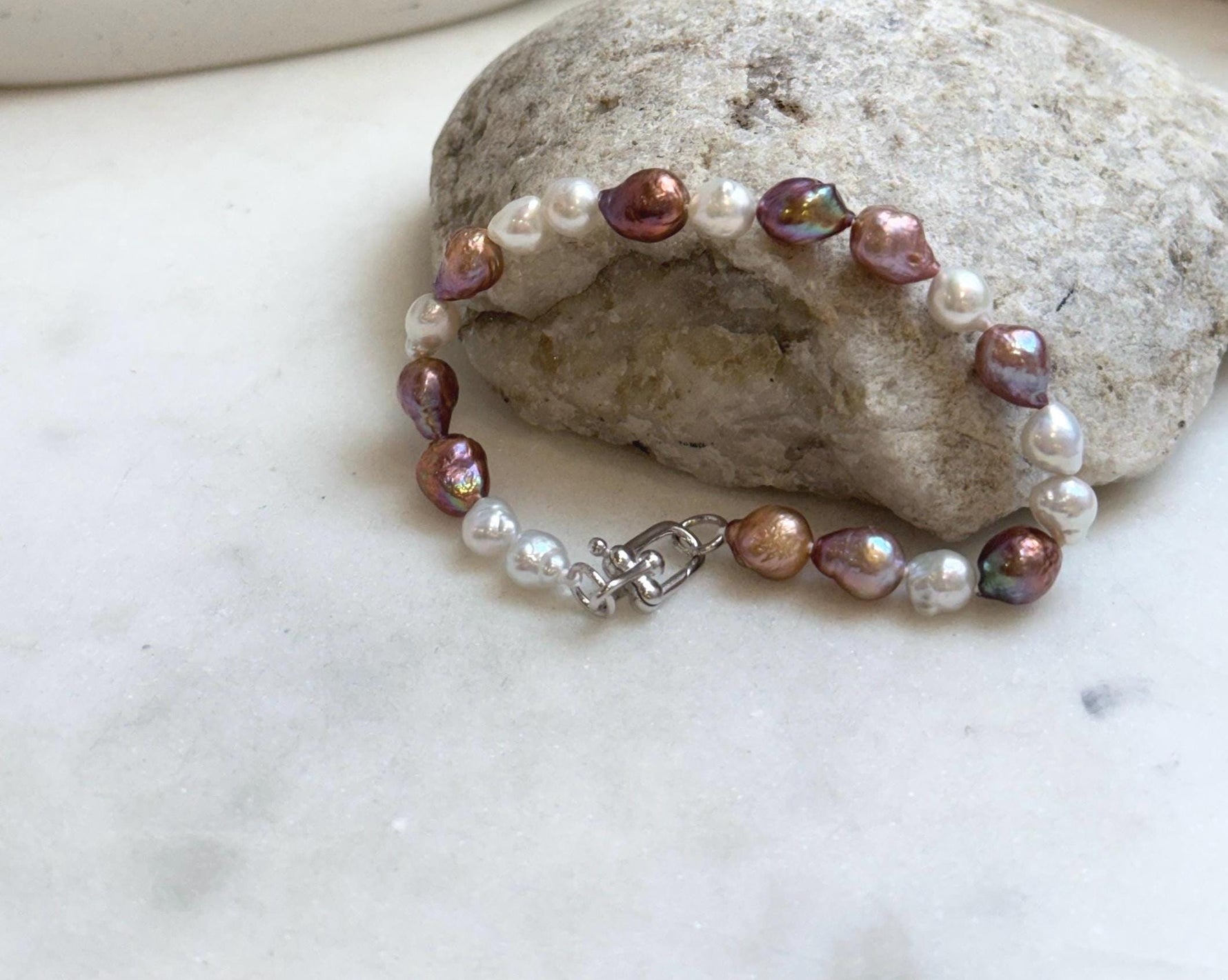 Elly’s 5-7.2mm Freshwater Pearls Bracelet: Extreme luster, 7.2” knotted, S925 silver clip bracelet. gift for her anniversary