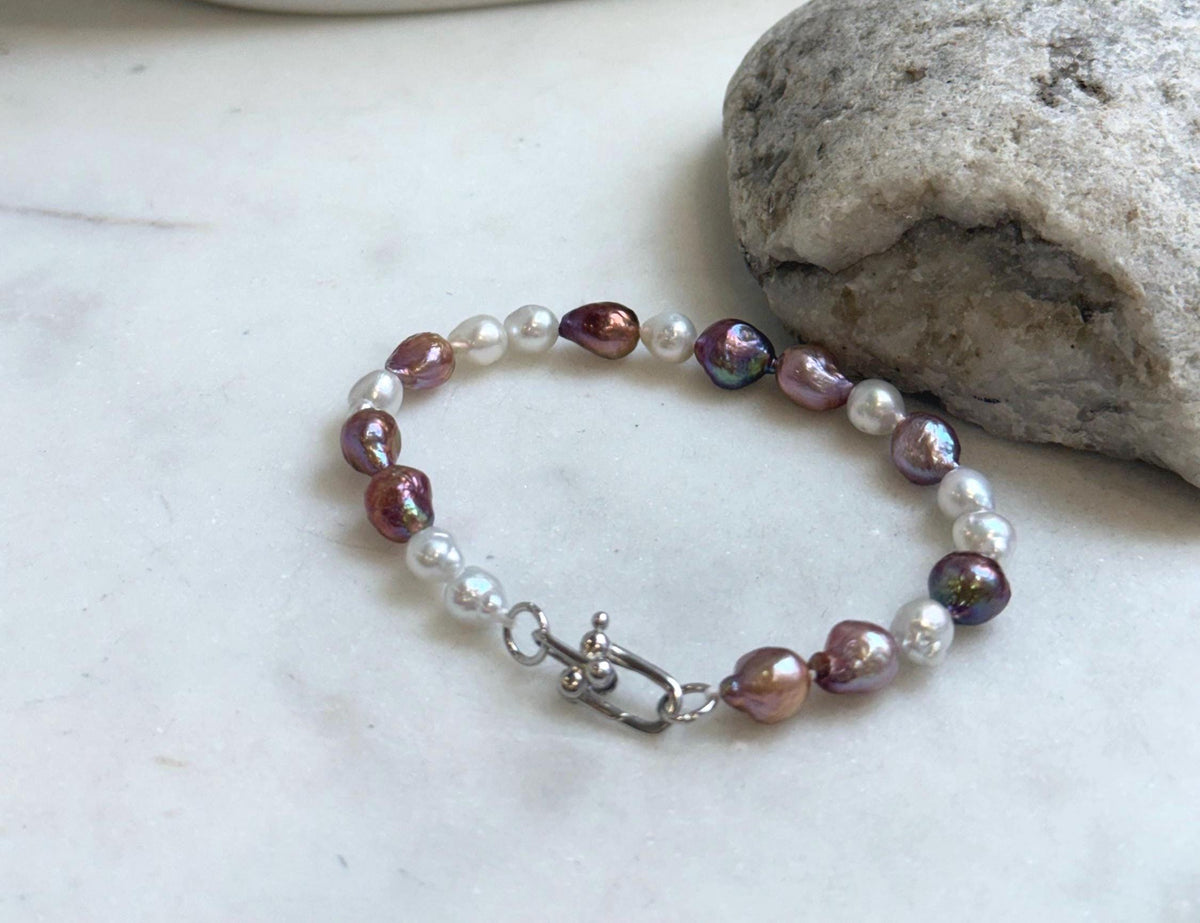 Elly’s 5-7.2mm Freshwater Pearls Bracelet: Extreme luster, 7.2” knotted, S925 silver clip bracelet. gift for her