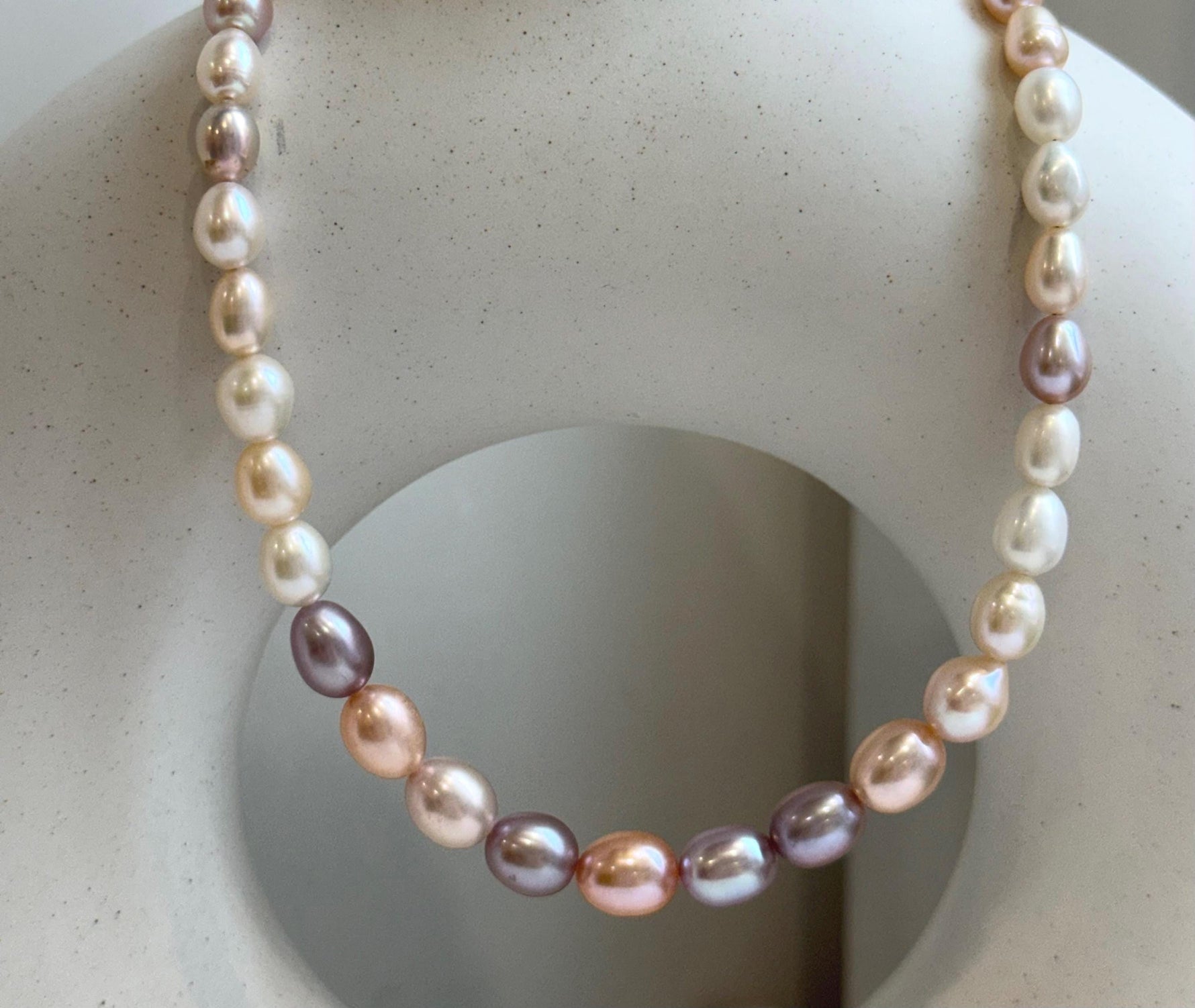 Elly’s Metallic rainbow white Pearls Necklace Strand: 3.8-7.8mm, 18.8”, S925 silver necklace. gift for her